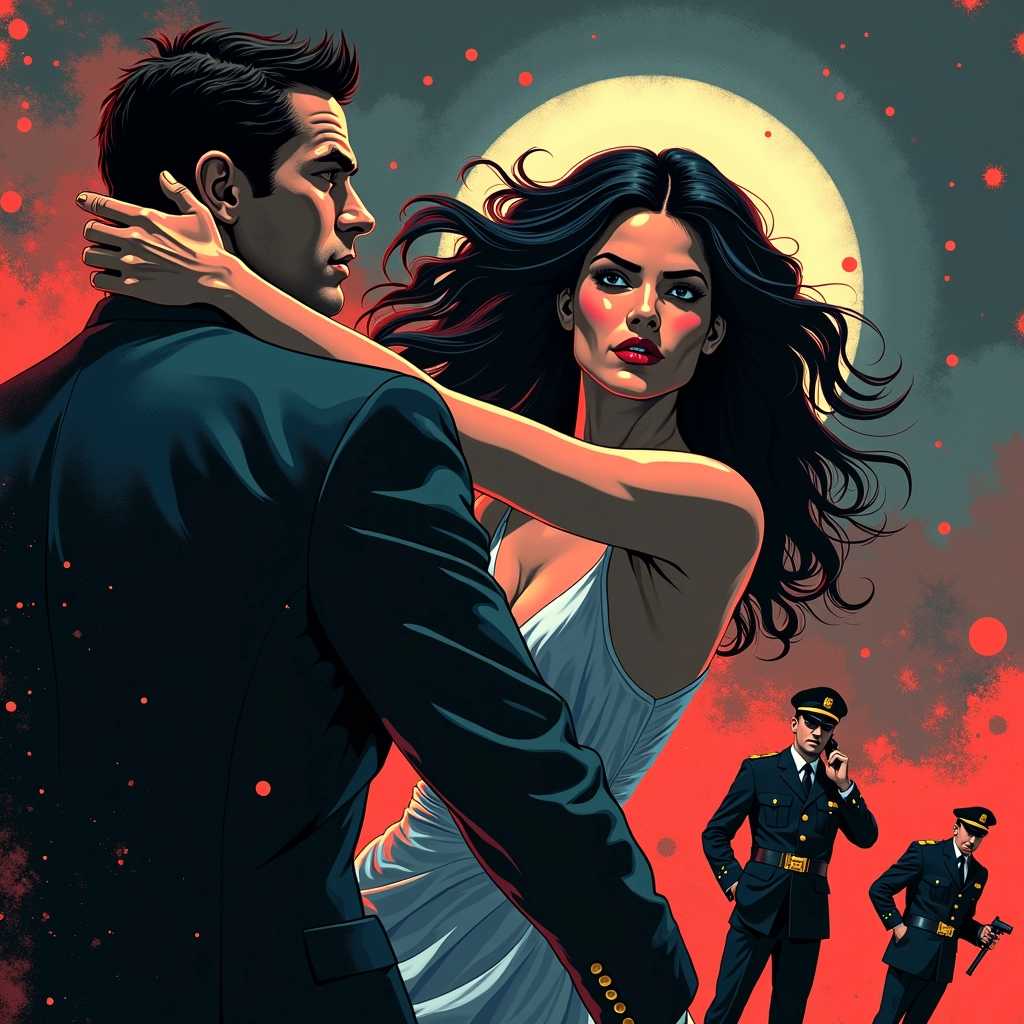 Create a visually striking and dramatic cover art for a James Bond novel. The central focus should be an intense scene where a charismatic and suave agent, embodying the essence of Bond, is engaged in a high-stakes confrontation. He is in an action pose, breaking the face of a shadowy antagonist, showcasing dynamic movement and tension. In the background, two mysterious, alluring women should be depicted—one with long flowing hair and an elegant dress, and the other with a more playful, mischievous attitude, both exuding a sense of danger and intrigue. 

On the periphery, two small, bold figures in military uniforms should be visible, representing a covert operation, perhaps with expressions of determination or fear, hinting at the story’s overarching conflict. The color palette should feature dark, moody tones with accents of vibrant colors to enhance the dramatic effect, such as deep reds and blues. The composition must balance these elements masterfully, imbued with an aura of suspense and elegance typical of classic spy thrillers, while maintaining a polished, modern look. The title "BREAK" should be prominently displayed in sleek, sophisticated typography at the top, adding to the intrigue and allure of the cover.