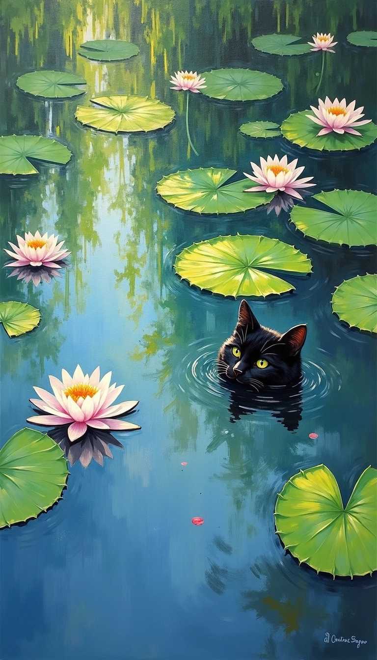An oil painting in the Impressionist style of Claude Monet, depicting his iconic water lilies, but with a hidden surprise. Lush, verdant lily pads float serenely on the surface of a tranquil pond, their vibrant green hues punctuated by the delicate blooms of white and pink water lilies. The water itself is a tapestry of shimmering reflections, capturing the dappled light filtering through the surrounding willow trees. The brushstrokes are loose and expressive, capturing the fleeting impression of light and movement, characteristic of Monet's work. The color palette is dominated by soft blues, greens, and pinks, creating a sense of peaceful tranquility and natural beauty. However, nestled amongst the lily pads, almost imperceptible at first glance, is a black cat, submerged in the water up to its neck. Rendered as a comical blob with just its pointy ears poking above the surface, the cat's unexpected presence adds a touch of whimsy and humor to the serene scene. The cat's black fur provides a stark contrast to the pastel hues of the water lilies, creating a playful visual dissonance that invites the viewer to look closer and discover the hidden detail. This unexpected element transforms the familiar scene into a playful game of hide-and-seek, inviting the viewer to engage with the painting in a new and delightful way, while still retaining the dreamy, ethereal quality of Monet's original masterpiece.