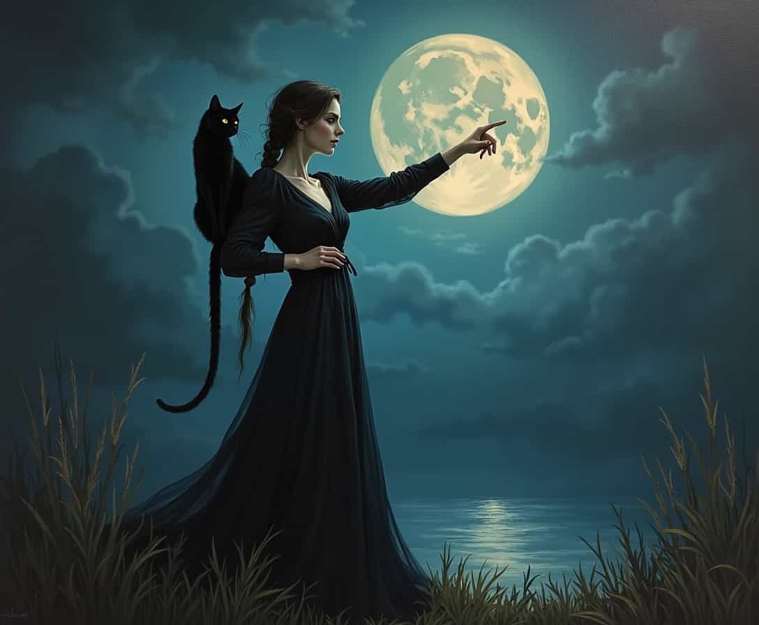 Oil painting of a woman pointing to the moon on a dark night, the woman is wearing a long gown that stretches far beyond the painting, her expression is creepy and slightly scary, her hair is in one long braid and a a glowing black cat sits on her shoulder