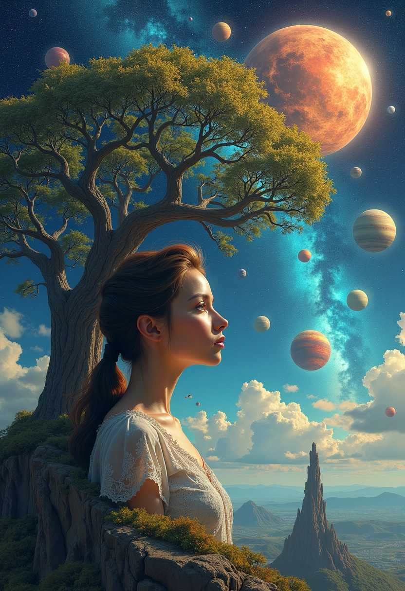 Imagine an intersection of universes where 19-dimensional manifolds intertwine in a vibrant amalgamation of colors and forms. This surreal landscape features a colossal, ancient tree, its gnarled branches stretching into the sky, draped in iridescent leaves that shimmer in hues of emerald and gold. The backdrop is a breathtaking celestial vista, showcasing dozens of immense planets—each exhibiting unique textures and colors—float like floating orbs against a deep indigo sky speckled with brilliant stars. Galaxies swirl with vibrant spirals, casting ethereal glows throughout the scene.

Superimposed gracefully upon this cosmic tableau is the transparent profile of a young woman, her delicate features emphasized by the interplay of light. She has a small nose and brown hair tied in a sleek ponytail, with expressive brown eyes gazing upward in awe and wonder. The composition reflects a majestic and dramatic atmosphere, capturing the awe-inspiring essence of this otherworldly convergence of realities. Let the brilliance and vastness of this scene evoke feelings of mystery and inspiration, merging nature's grandeur with the boundless expanse of the cosmos.