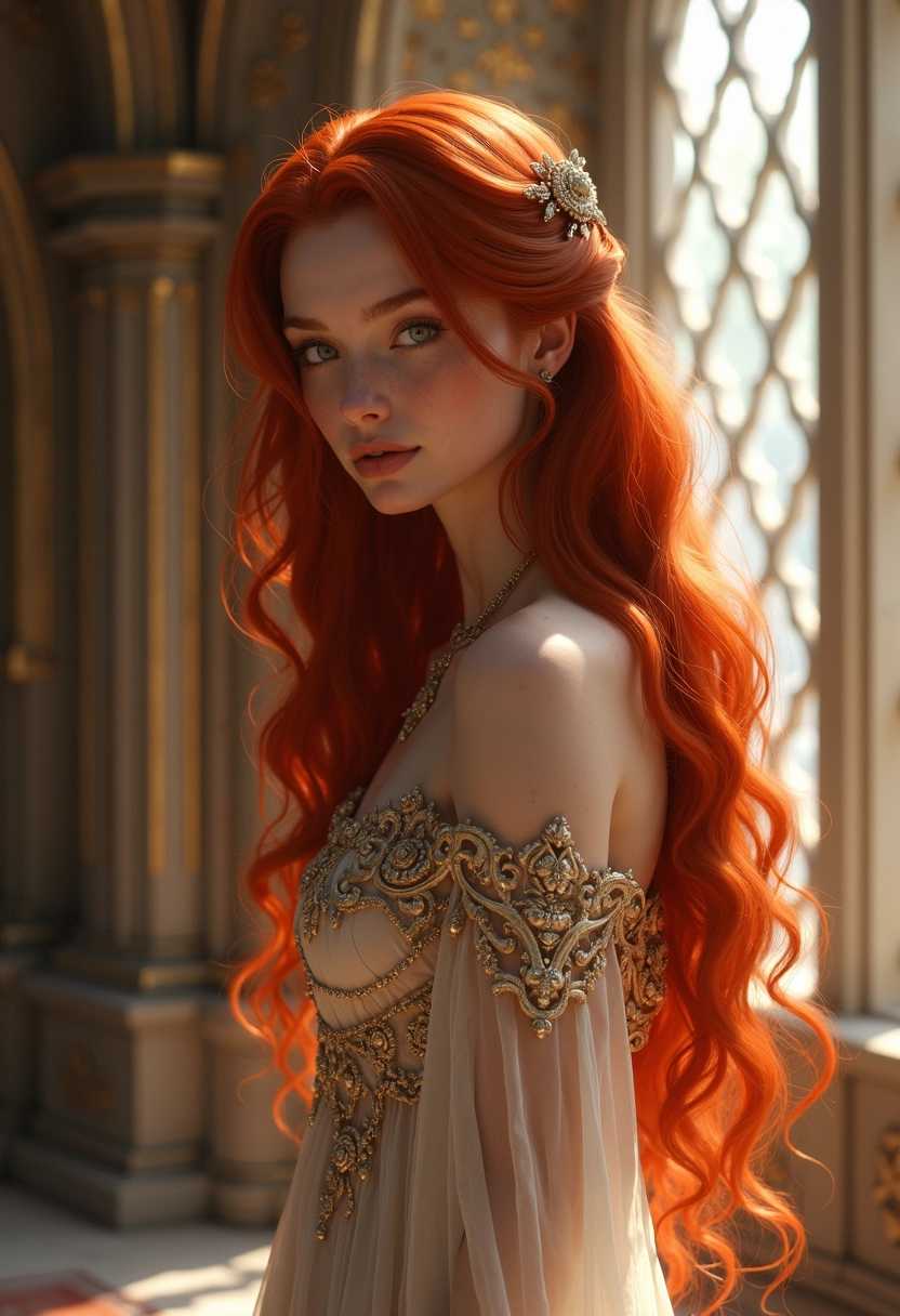 A stunning and romantic scene featuring a beautiful red-haired woman with incredibly long hair flowing gracefully down her back. She has a delicate sprinkling of freckles across her pale skin, enhancing her ethereal beauty. The woman is depicted in an elegant pose, embodying grace and poise, set within a grand castle interior. Elaborate stone walls and large, ornate windows allow soft light to filter through, casting gentle shadows that enhance the atmosphere. The woman wears a flowing, intricately designed gown that accentuates her medium build, blending seamlessly with the luxurious surroundings. The composition should focus on the details of her face, capturing the warmth of her expression and the elegance of her figure. Create this image in high resolution, aiming for ultra-realism and exquisite detail, reminiscent of official art, suitable for a unity 8k wallpaper. Overall, the scene should evoke a sense of romance and beauty, emphasizing the magical ambiance of the castle setting.