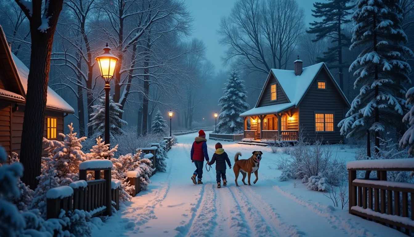 Children in winter close playing with dog