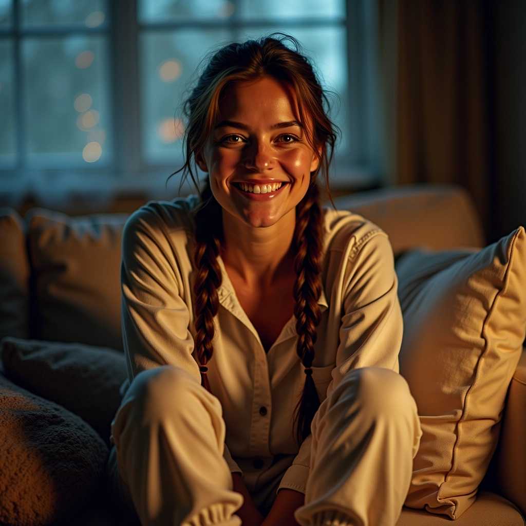cinematic photo the woman next door, middle aged, braids, fair skin, pajama pants, long legs, cute smile, in a living room 35mm photograph, film, bokeh, professional, 4k, highly detailed, detailed skin texture, (blush:0.5), (goosebumps:0.5), subsurface scattering, nighttime, pillows

cinematic, dramatic lighting, high resolution, detailed, 4k