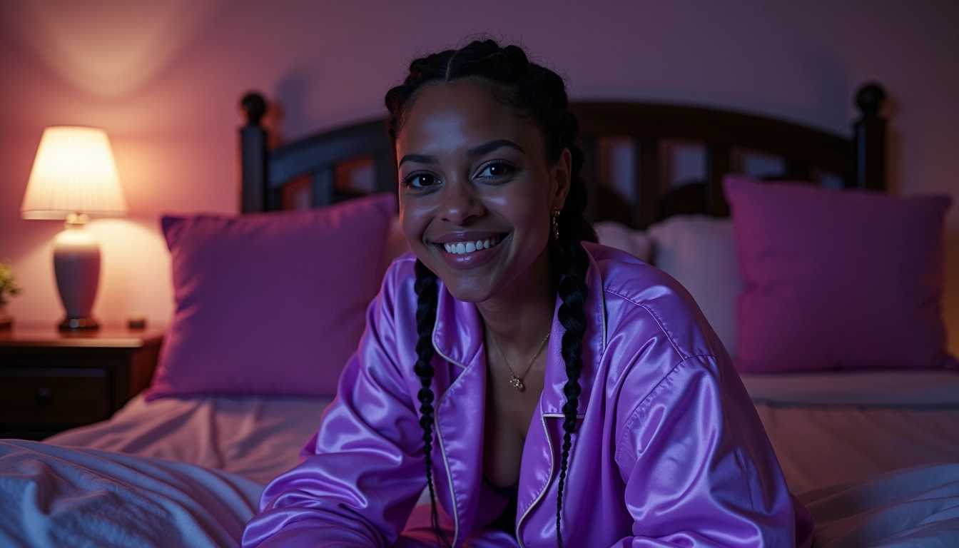 cinematic photo the woman next door, 40-year-old, braids, fair skin, luminescent purple pajamas, long legs, cute smile, in a living room 35mm photograph, film, no bokeh, amateur iphone photography, detailed skin texture, (blush:0.5), (goosebumps:0.5), subsurface scattering, nighttime, neon purple pillows

cinematic, dramatic lighting, high resolution, detailed, 4k