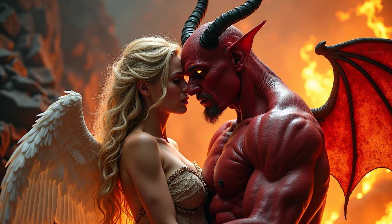 A striking scene unfolds in the depths of hell, where a vivid red devil with red eyes, muscular and imposing, is tenderly embracing a beautiful blonde-haired angel. The devil boasts sharp, curved horns and glowing yellow eyes, exuding both strength and allure. His skin glistens as the flames flicker around him, creating a contrast with the charred, dark rocks that surround the couple. The angel, ethereal and radiant, has flowing golden hair cascading over her shoulders, illuminated by a soft, otherworldly light. Her delicate wings shimmer with metallic iridescence, contrasting beautifully with the devil's fiery aura. The atmosphere is intense, filled with swirling smoke and embers that dance around them, enhancing the drama of their passionate embrace. The scene captures a blend of contrasting emotions—danger and love, darkness and light—set against a chaotic backdrop of volcanic activity and vivid colors, creating an evocative image that tells a compelling story of unexpected romance in a surreal hellscape.