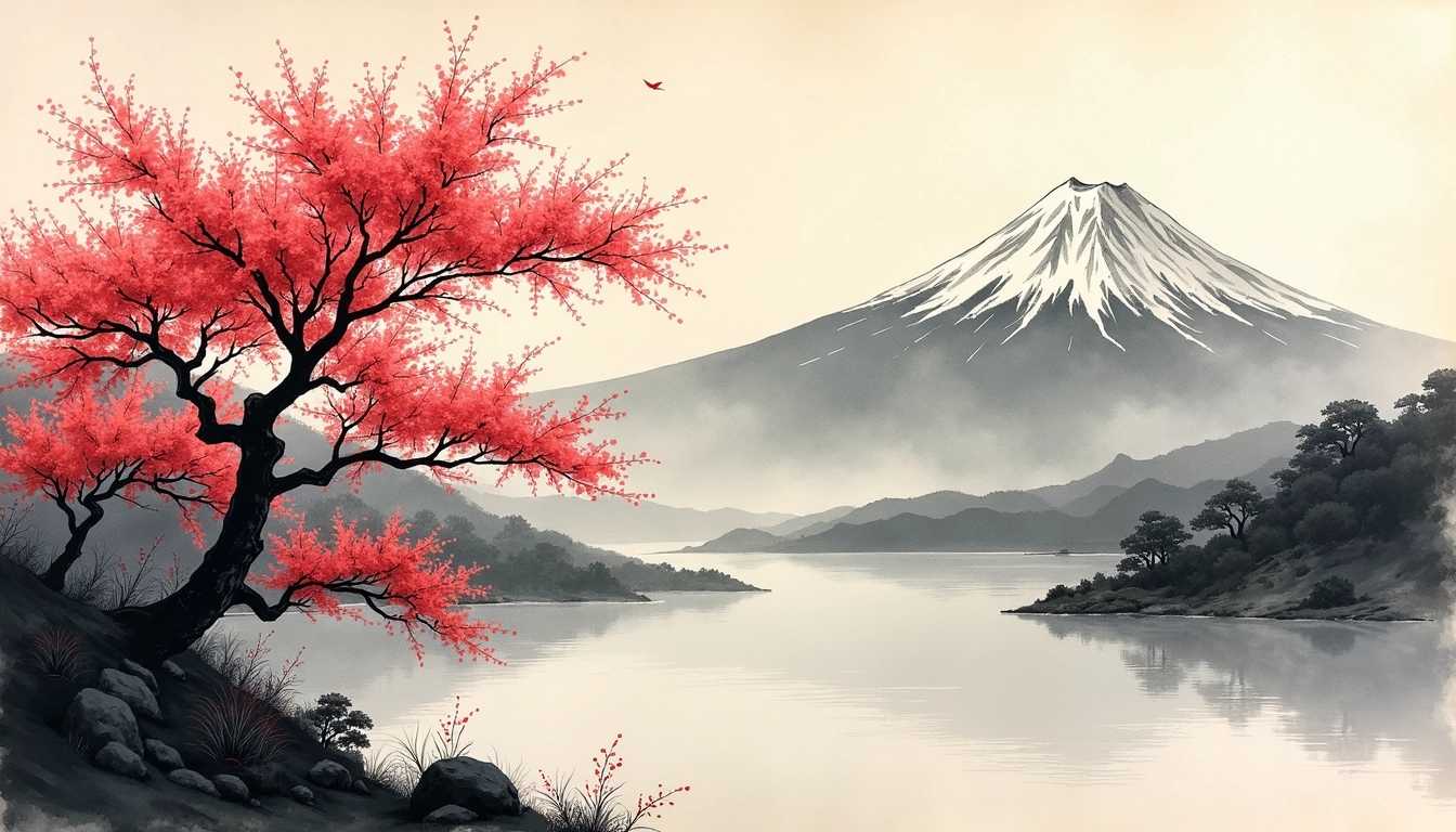Japanese Ink Drawing on parchment, a japanese landscape with mountains in the background and cherry trees in the foreground, burnt edges ink illustration, inkwash, Japanese Ink Drawing