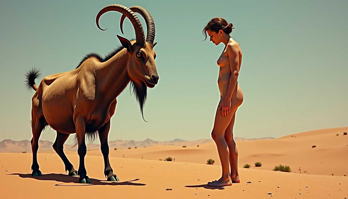 Nude woman meeting a demonic goat-like animal creature in a desolate desert, surrealist painting