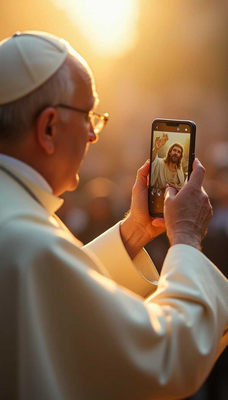 A Photograph capturing the profound moment as Pope Francis, bathed in warm and ethereal sunlight, tenderly holds up his cell phone to take a snapshot of Jesus. The composition features a gentle tilt-shift effect, diffused lighting, and a harmonious blend of pastel colors, infusing the scene with a sense of divine serenity.