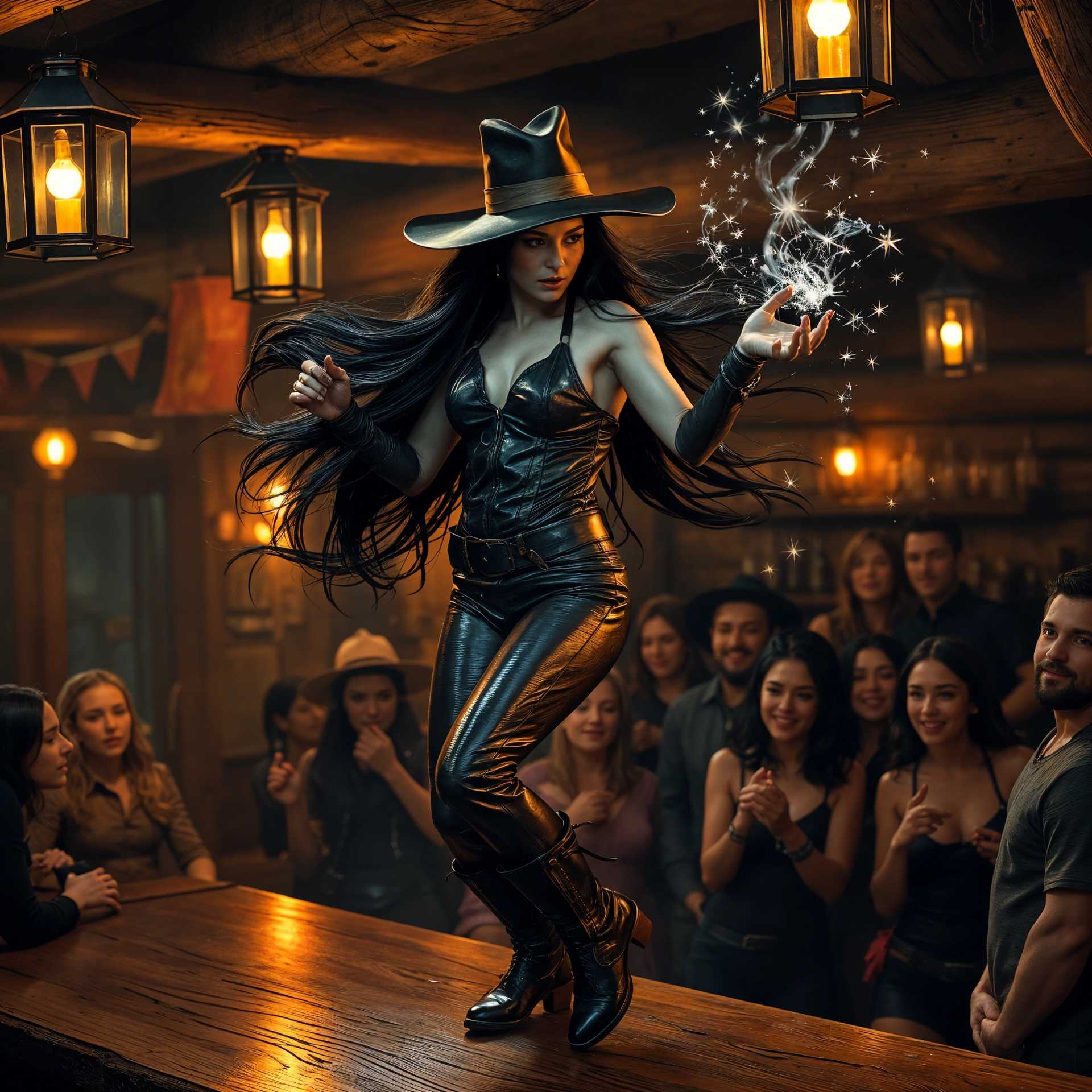 Enchanting Performance: A Witch Charms an Audience at a Rustic Pub