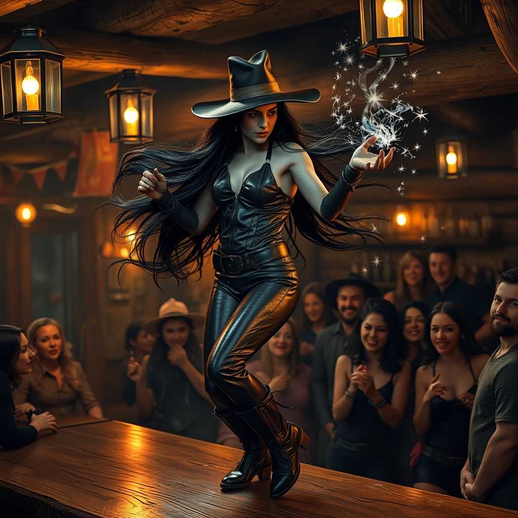 Enchanting Performance: A Witch Charms an Audience at a Rustic Pub