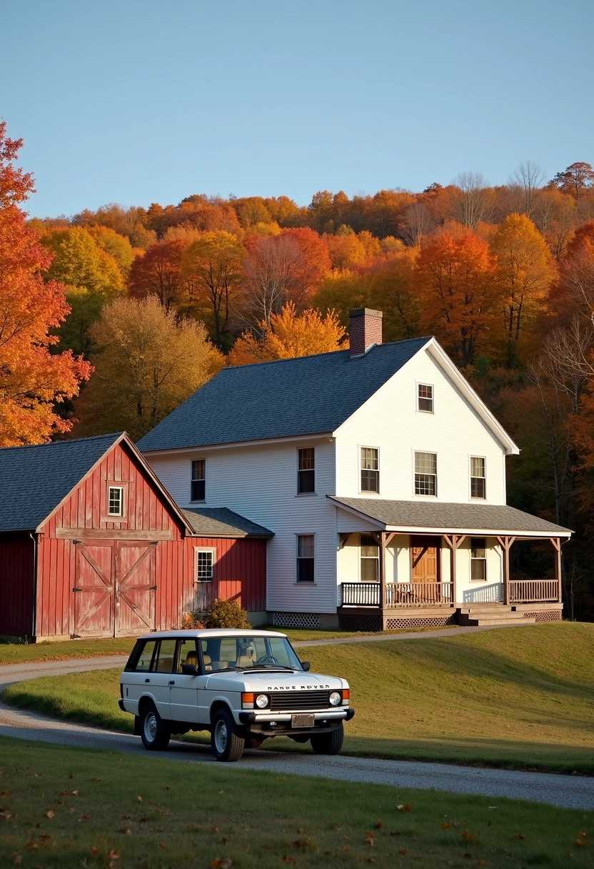 A picturesque country house perched gracefully on the side of a lush, expansive hill in New Hampshire, surrounded by vibrant maple trees showcasing their autumn foliage in shades of orange, red, and yellow. The charming wood-frame house is painted a pristine white and features a spacious wrap-around porch adorned with rustic wooden railings. This three-story home boasts a slate gray roof that contrasts beautifully against the bright facade. Adjacent to the house, a weathered old barn stands with its faded red paint and a dark gray shingle roof, adding a nostalgic touch to the scene. In front of the house, a classic old Range Rover, slightly dusty and parked on a gravel driveway, exudes character and complements the tranquil countryside atmosphere. The overall mood of the image is warm and inviting, capturing the serenity of rural life in a scenic New England setting under a clear blue sky. Soft, diffused light enhances the details, creating a harmonious blend of nature and architecture.