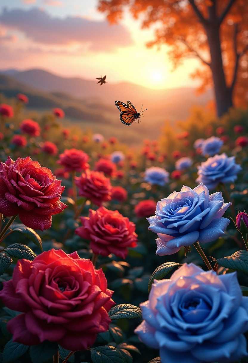 A lush garden filled with vibrant roses in deep red, royal blue, and soft white hues, their petals glistening with morning dew. The foreground features these roses in full bloom, with intricate details capturing the velvety textures and delicate curves of each flower. In the background, a picturesque landscape unfolds: rolling hills draped in the warm, rich colors of autumn—fiery oranges, golden yellows, and rustic browns—creating a stunning contrast against the rich colors of the roses. As the sun sets beyond distant mountains, it casts a golden glow that bathes the scene in a warm, ethereal light, illuminating the petals and enhancing the overall tranquil and serene atmosphere of the garden. The sky is a blend of soft pastels, streaked with pink and orange, reflecting the peaceful transition from day to night. The composition is rich in detail, inviting the viewer to immerse themselves in this idyllic moment.  The roses are covered in dewdrops, and a butterfly is hovering over them, looking for nectar