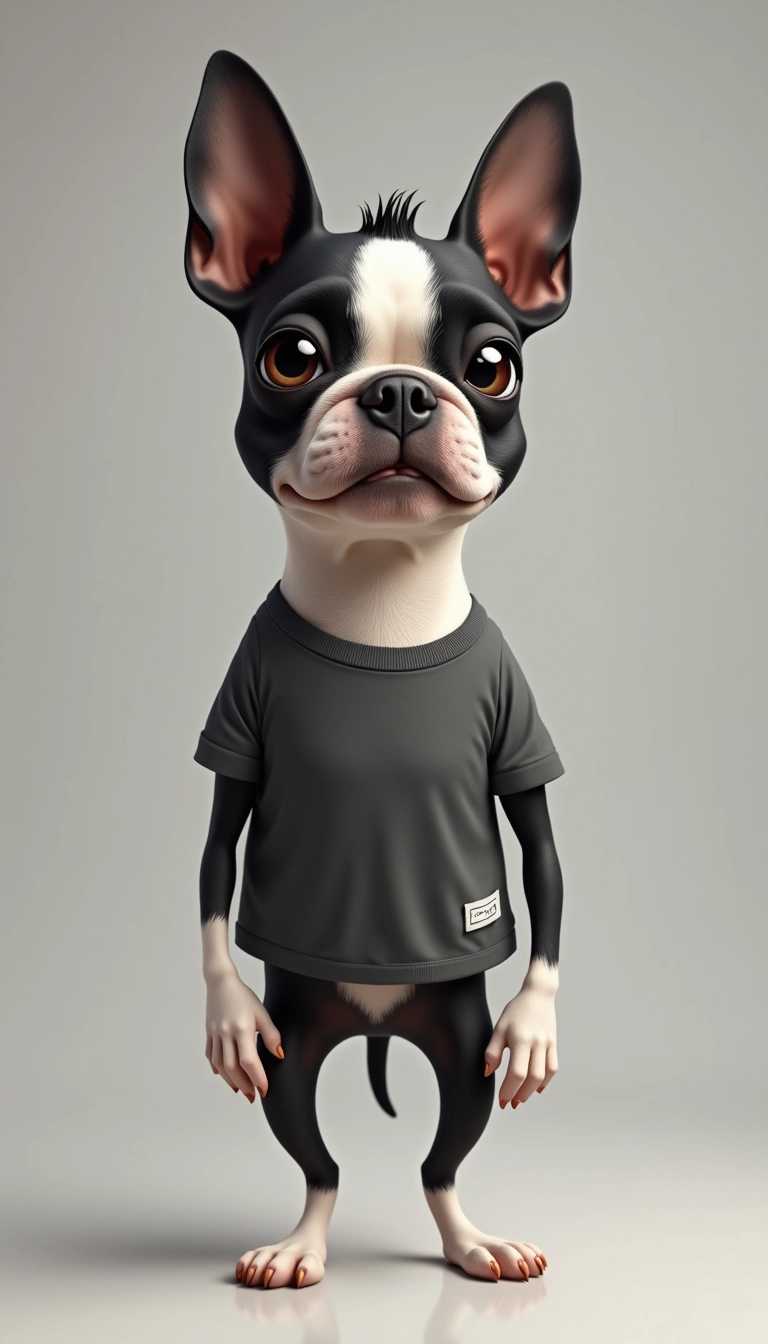 Whimsical anthropomorphic depiction of a Boston Terrier standing upright on two legs, showcasing a blend of realism and caricature. The dog has a human-like torso, adorned in a simple dark gray crew-neck t-shirt featuring a small white tag on the left side, epitomizing a casual, everyday style. Its arms rest naturally at its sides, with hands slightly curled in front, radiating a relaxed demeanor. 

The dog’s head is turned gently to the right, displaying a curious, attentive expression. Ears perked up and large, round eyes direct their gaze towards the viewer, infusing the character with personality and charm. The textured fur exhibits a stunning mix of white and black, creating a pattern reminiscent of a stylish human hairstyle across the head and neck.

Emphasize the smooth, detailed skin texture with subtle color variations; lighter shades on the neck and torso transition to a deeper tone on the head and ears, capturing the essence of the breed. The background features a soft, neutral gray, providing a serene, uncluttered canvas that draws attention to the dog.

Utilize soft, diffused lighting to cast gentle shadows and highlights, enhancing the three-dimensional feel. The artistic style juxtaposes exaggerated features—particularly oversized eyes and a playful human-like posture—
