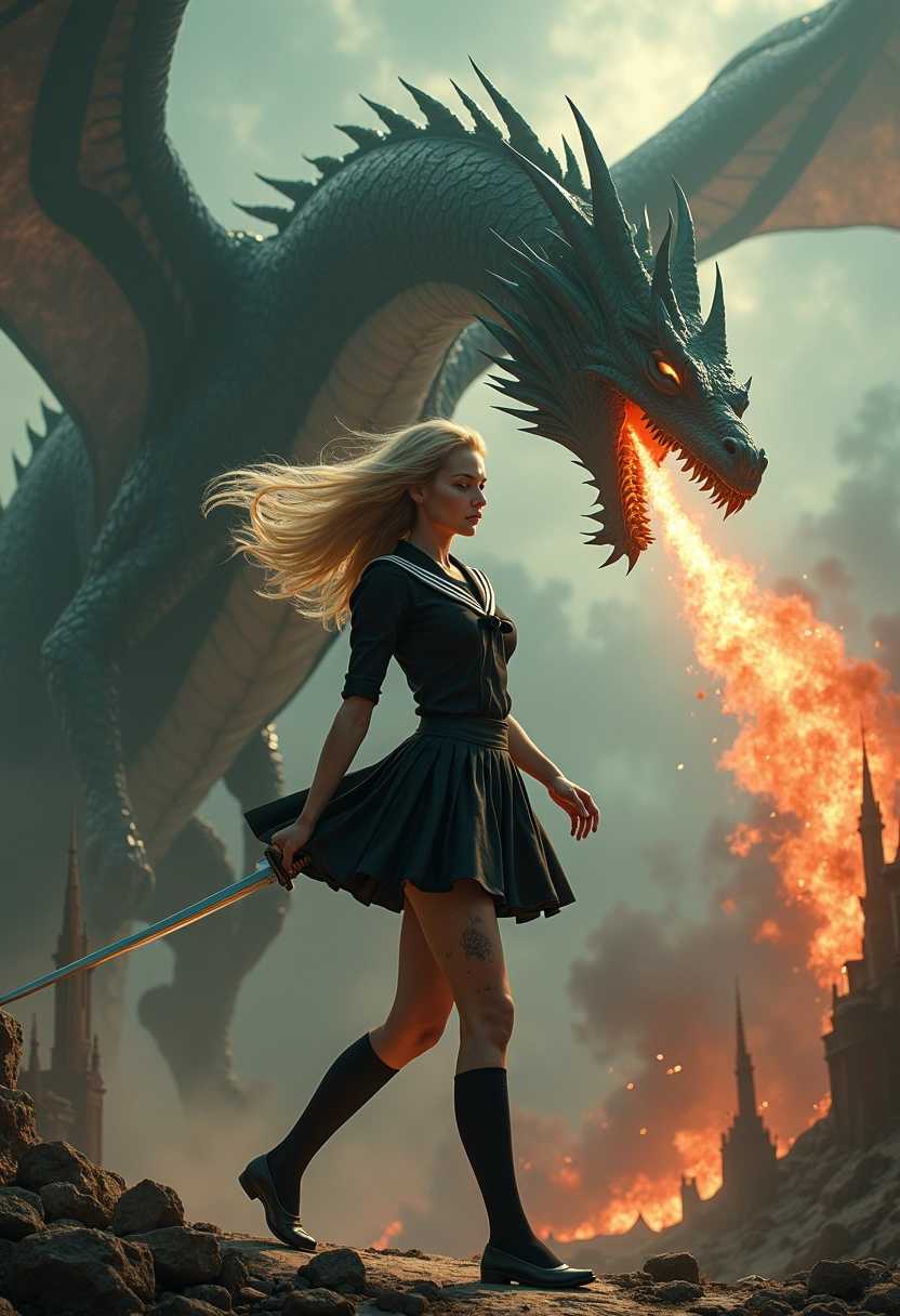 A dynamic scene featuring a 25-year-old woman in the foreground, exuding strength and resilience. She has a slim, athletic build, dressed in a stylish black sailor suit school uniform with a short, pleated skirt, complemented by long stockings and flat shoes. The woman's long, straight blonde hair flows dramatically in the wind, adding a sense of movement. Her face is slightly dirty, and scratches adorn her arms, hinting at a fierce battle she's recently endured. Empowered, she firmly grips a gleaming katana, ready for action. 

In the background, a majestic dragon looms over the scene, its scales glistening in shades of emerald and bronze. The beast breathes a torrent of fiery orange and red flames, illuminating the ruins of a grand, ancient medieval cathedral behind it. The cathedral, once a symbol of beauty and faith, now lies in crumbling decay, with gothic arches and broken stained glass scattered on the ground. The sky above is fraught with dark, swirling clouds, casting an ominous shadow over the landscape, enhancing the mood of impending doom and epic confrontation. The composition conveys a powerful blend of fantasy and battle, emphasizing the juxtaposition between the determined woman and the imposing dragon.