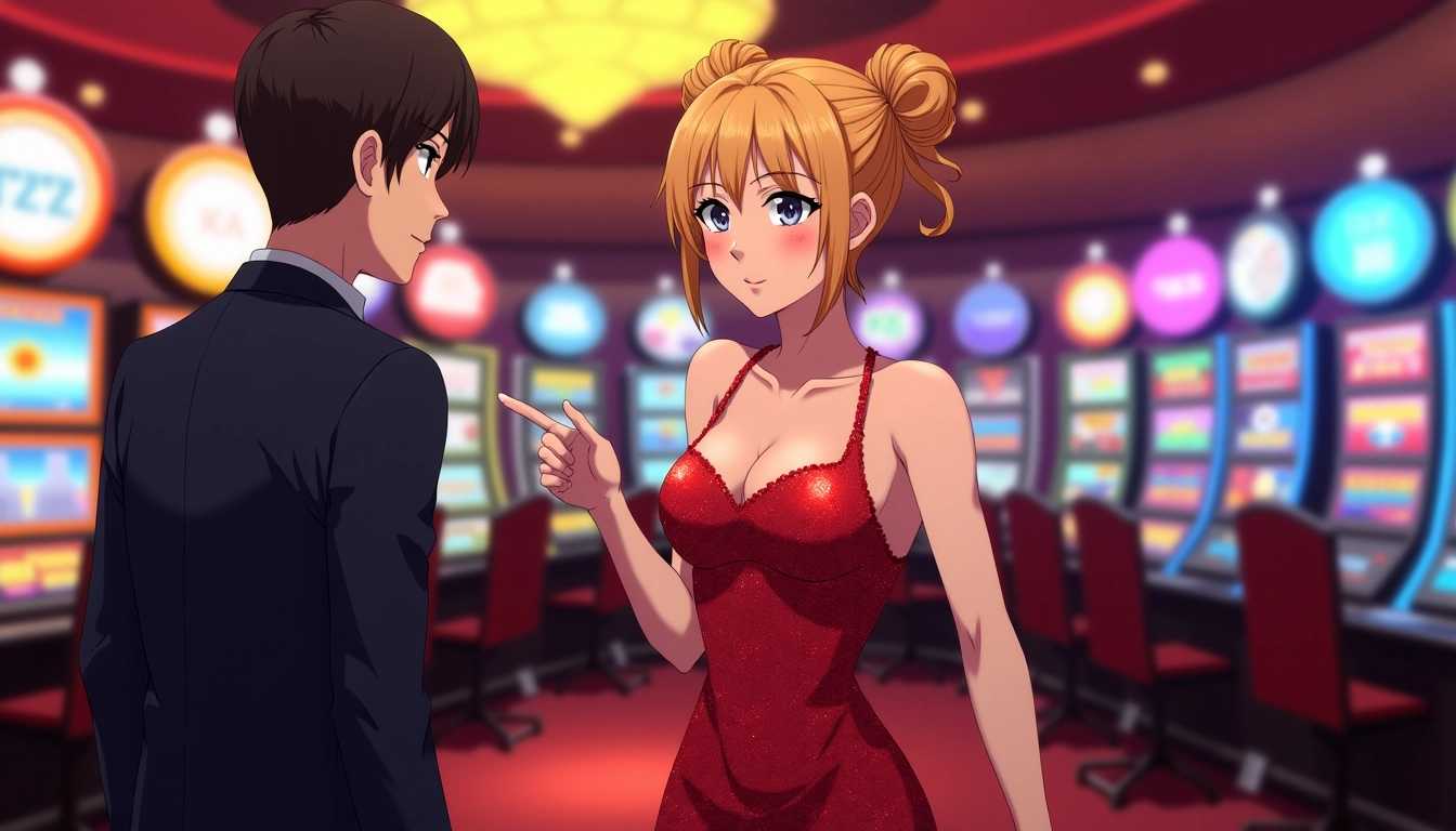 anime art of a woman in a red sequined gown, she is in a Las Vegas casino and approaching a man, she has a small purse, her eyes are wide and bright, her hair is in high buns, the coloring is bright and vivid, anime