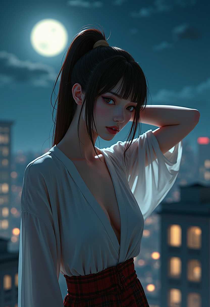 masterpiece, best quality, highres, face, beautiful woman, arm behind head, wearing harem outfit outift, short hair, brown hair, ahoge, breast hold, creepy, Pale creature with sharp fangs, Dark Skin, Brunette with a high ponytail and sleek straight hair, gloss gloss lipstick, A moonlit rooftop with a figure perched on the edge, overlooking the city, modelshoot style, (extremely detailed CG unity 8k wallpaper), full shot body photo of the most beautiful artwork in the world, cowboy shot, professional majestic oil painting by Ed Blinkey, Atey Ghailan, Studio Ghibli, by Jeremy Mann, Greg Manchess, Antonio Moro, trending on ArtStation, trending on CGSociety, Intricate, High Detail, Sharp focus, dramatic, photorealistic painting art by midjourney and greg rutkowski