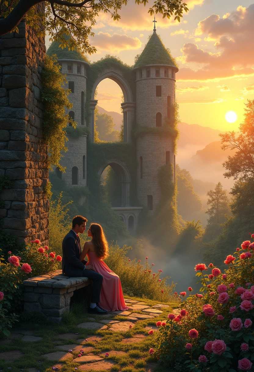 A breathtaking scene of romantic ruins set in a lush, overgrown landscape. The remains of an ancient stone castle, with ivy and wildflowers cascading over the crumbling walls, bathed in warm golden light during the golden hour. Delicate wisps of fog linger around the arches and towers, creating an ethereal atmosphere. In the foreground, a couple sits on a weathered stone bench, lost in conversation, surrounded by blooming roses and soft petals scattered on the ground. The sun sets behind the silhouettes of the ruins, casting long shadows and a palette of rich oranges and purples across the sky. The overall mood is intimate and serene, evoking a sense of timeless love and nostalgia. Capture this enchanting scene in a painterly style reminiscent of romantic landscape paintings.