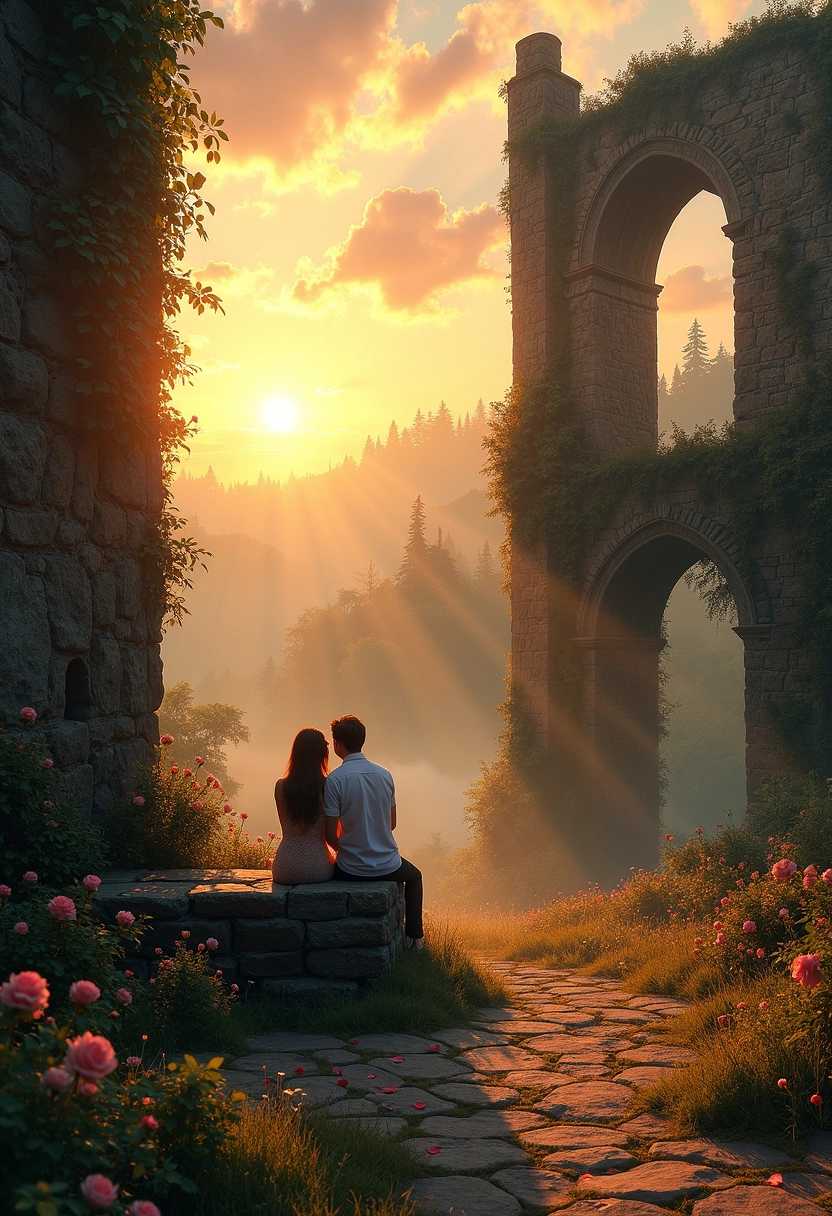 Romantic Sunset at Ancient Ruins with Lovers on a Stone Bench