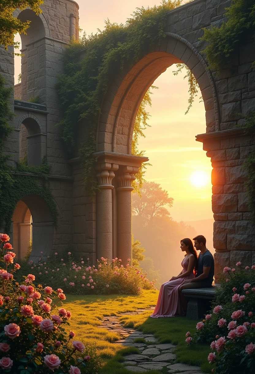 A breathtaking scene of romantic ruins set in a lush, overgrown landscape. The remains of an ancient stone castle, with ivy and wildflowers cascading over the crumbling walls, bathed in warm golden light during the golden hour. Delicate wisps of fog linger around the arches and towers, creating an ethereal atmosphere. In the foreground, a couple sits on a weathered stone bench, lost in conversation, surrounded by blooming roses and soft petals scattered on the ground. The sun sets behind the silhouettes of the ruins, casting long shadows and a palette of rich oranges and purples across the sky. The overall mood is intimate and serene, evoking a sense of timeless love and nostalgia. Capture this enchanting scene in a painterly style reminiscent of romantic landscape paintings.