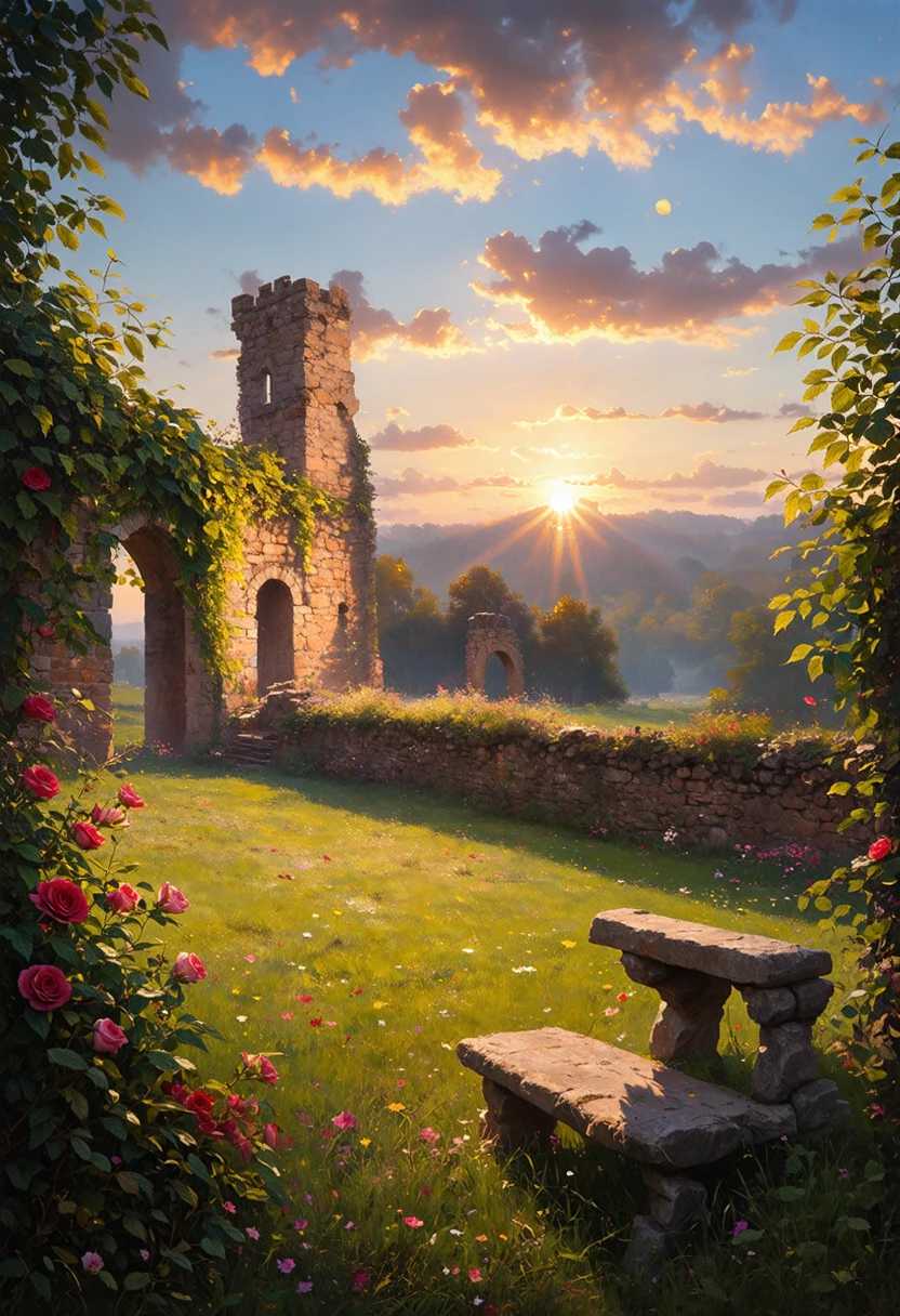 A breathtaking scene of romantic ruins set in a lush, overgrown landscape. The remains of an ancient stone castle, with ivy and wildflowers cascading over the crumbling walls, bathed in warm golden light during the golden hour. Delicate wisps of fog linger around the arches and towers, creating an ethereal atmosphere. In the foreground a weather stone bench, surrounded by blooming roses and soft petals scattered on the ground. The sun sets behind the silhouettes of the ruins, casting long shadows and a palette of rich oranges and purples across the sky. The overall mood is intimate and serene, evoking a sense of timeless love and nostalgia. Capture this enchanting scene in a painterly style reminiscent of romantic landscape paintings.