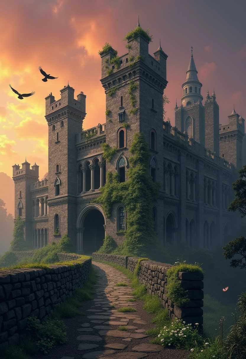 An ancient castle in ruins, overgrown with ivy and wildflowers, set against a dramatic sunset sky painted in shades of orange and purple. The crumbling stone walls reveal intricate carvings of forgotten gargoyles and regal motifs, partially obscured by centuries of decay. Fragments of tall towers and battlements rise into the sky, with a flock of crows soaring around them. In the foreground, a moss-covered drawbridge leads to a dry moat, with shadows casting an eerie mood. A soft mist envelops the scene, creating an atmosphere of mystery and nostalgia, reminiscent of a time long past. The overall style is realistic with a hint of dark fantasy, capturing both the beauty and desolation of the castle.