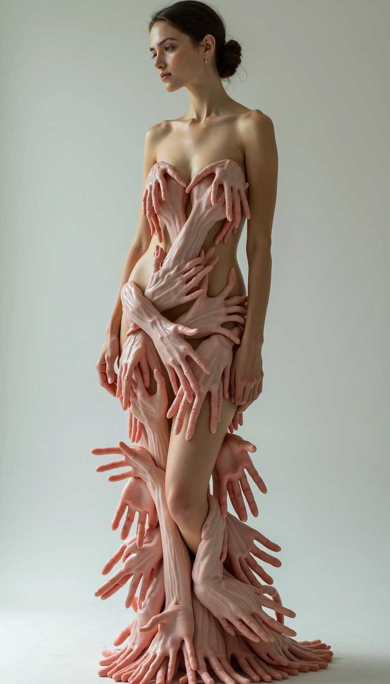 A hyper-realistic photograph of a woman in a pristine studio, wearing a surreal dress composed of intricately detailed human hands. Each hand has five anatomically correct fingers, creating a mesmerizing texture. The dress drapes elegantly, showcasing lifelike skin tones and subtle veins