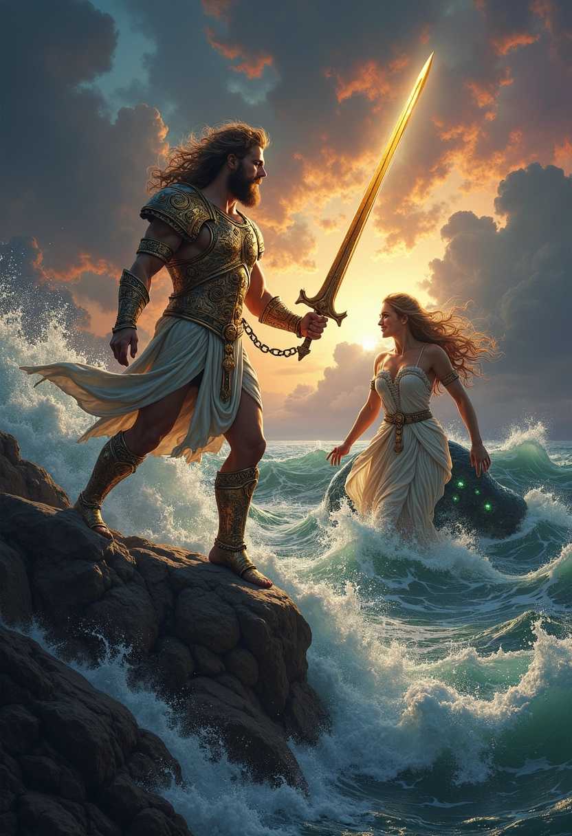A dramatic scene depicting Perseus valiantly rescuing Andromeda from the menacing Kraken. The setting is a turbulent, stormy seascape at dusk, with dark, ominous clouds swirling above. Perseus, clad in gleaming armor with intricate detailing, stands boldly on a rocky outcrop, wielding a radiant sword that emanates a soft golden light. His expression conveys determination and courage. 

Andromeda, ethereal and beautiful, is bound in chains, her flowing gown gently billowing in the wind, contrasting with the tumultuous waves around her. Her gaze is one of hope and awe. The Kraken, a colossal sea creature with tentacles thrashing violently, looms beneath the churning water, its eyes glowing menacingly. 

The composition captures the tension of the moment, with splashes of water and vibrant hues of orange and purple in the sky reflecting the intensity of the scene. Light from Perseus’s sword illuminates the surrounding chaos, creating a heroic atmosphere. The overall mood is one of heroism, danger, and impending triumph.