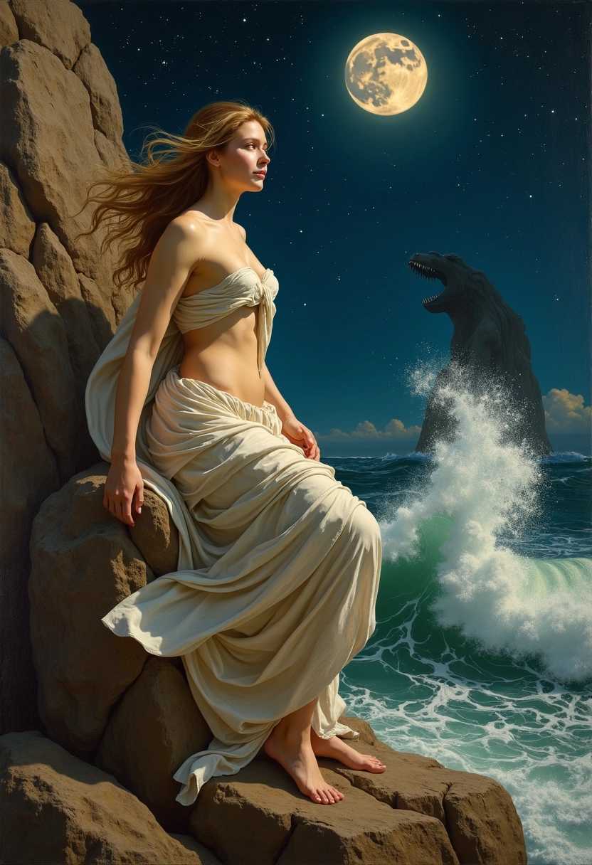 Create a classical painting inspired by the myth of Andromeda, featuring a beautiful woman with long flowing hair, chained in a dramatic pose on a rocky cliff by the sea. The moonlight casts a soft, ethereal glow on her serene face, highlighting her delicate features and flowing drapery that billows around her. In the background, a turbulent sea crashes against the rocks under a starry night sky, with a distant silhouette of a menacing sea monster rising from the waves. The painting should incorporate rich, deep colors reminiscent of Renaissance art, with intricate details in the textures of the rocks, water, and Andromeda's attire. The overall mood should convey a sense of both vulnerability and underlying strength, capturing the moment just before her rescue. Add elements of classical motifs and symbols, such as constellations and mythological figures subtly integrated into the scene, to enhance the narrative depth.  A painting in the classical style of Leonardo da vinci, Michelangelo, or Titian