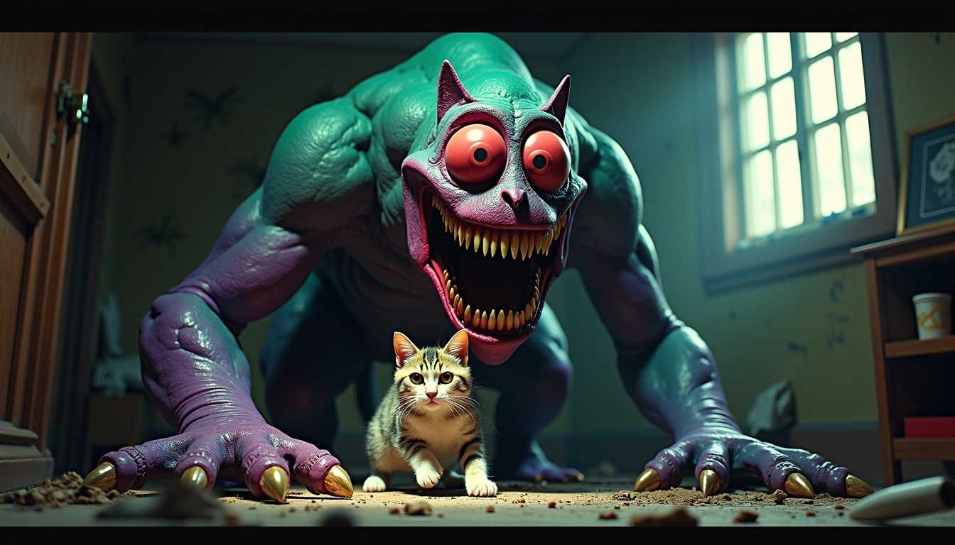 Un monstre gigantesque et terrifiant avec une peau écailleuse, ornée de couleurs vibrantes comme le vert émeraude et le violet profond, se tient au milieu d'une pièce sombre et désordonnée. Le monstre a des yeux rouges brillants, remplis d'une animalité sauvage, tandis que de grandes dents acérées, pleines de salive, se dévoilent dans un rictus affamé. À ses pieds, un chat aux poils doux et soyeux, aux yeux dorés perçants, tente de s'échapper avec une expression de peur et de confusion sur son visage. La lumière provient d'une fenêtre brisée, créant des ombres inquiétantes et dramatiques qui accentuent la tension de la scène. Des morceaux de meubles éparpillés, des jouets de chat abandonnés et des murs décrépits ajoutent à l'atmosphère lugubre. L'ensemble dégage une ambiance de suspense et d'angoisse, comme encapsulé dans un film d'horreur stylisé. L'image est riche en détails et en textures, soulignant le contraste entre l'innocence du chat et la menace du monstre.