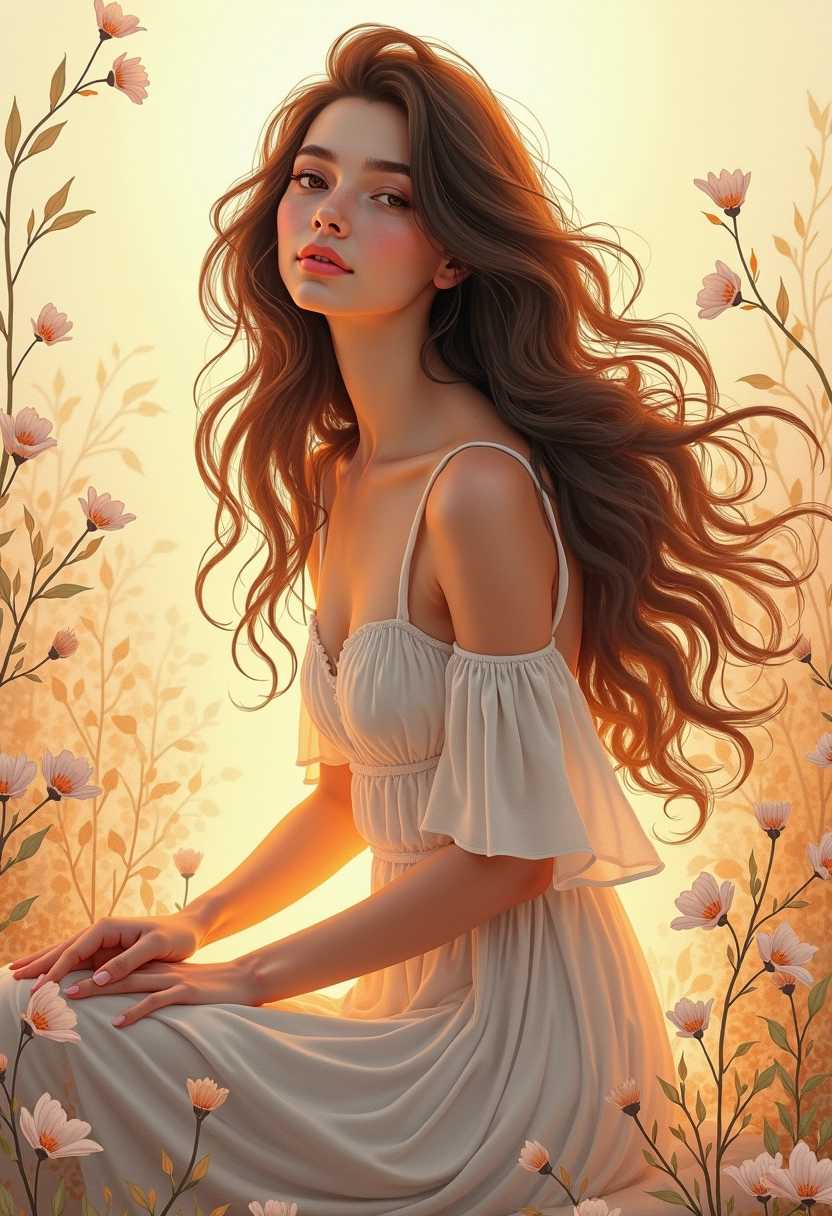 A young woman with flowing, wavy hair, softly illuminated by golden, ambient light, sits gracefully in a tranquil setting. She is surrounded by intricate, delicate floral elements and wispy leaves that weave around her like a gentle embrace, creating a serene atmosphere. Her expression is calm and peaceful, exuding a sense of harmony with nature. The background features soft, muted pastel colors, enhancing the ethereal quality of the scene. The composition should highlight the contrast between the vivid details of the woman's features and the subtle elegance of the floral designs, evoking a mood of tranquility and connection to the natural world. Emphasize a dreamy, artistic style reminiscent of clean line art combined with a soft watercolor effect.