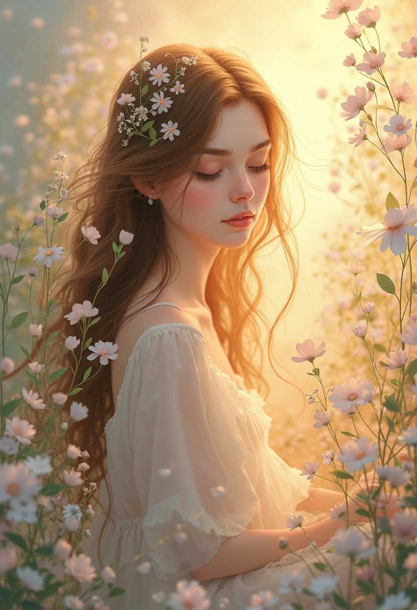 A young woman with flowing, wavy hair, softly illuminated by golden, ambient light, sits gracefully in a tranquil setting. She is surrounded by intricate, delicate floral elements and wispy leaves that weave around her like a gentle embrace, creating a serene atmosphere. Her expression is calm and peaceful, exuding a sense of harmony with nature. The background features soft, muted pastel colors, enhancing the ethereal quality of the scene. The composition should highlight the contrast between the vivid details of the woman's features and the subtle elegance of the floral designs, evoking a mood of tranquility and connection to the natural world. Emphasize a dreamy, artistic style reminiscent of clean line art combined with a soft watercolor effect.