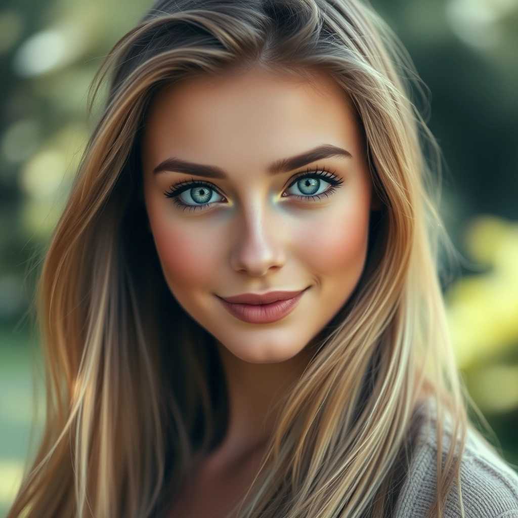 A striking portrait photograph of a beautiful young woman with long, flowing blonde hair that cascades down her shoulders. Her captivating green eyes are the focal point of the image, glimmering with vitality and warmth. The lighting is soft and flattering, casting a gentle glow on her skin, accentuating her delicate features and the subtle blush of her cheeks. She is framed against a softly blurred natural background, perhaps a lush garden or a serene park, adding a touch of tranquility to the composition. The depth of field draws attention to her expressive gaze and subtle smile, creating a mood of confidence and charm. The overall aesthetic is modern yet timeless, with high resolution and rich colors that enhance the beauty of her portrait.