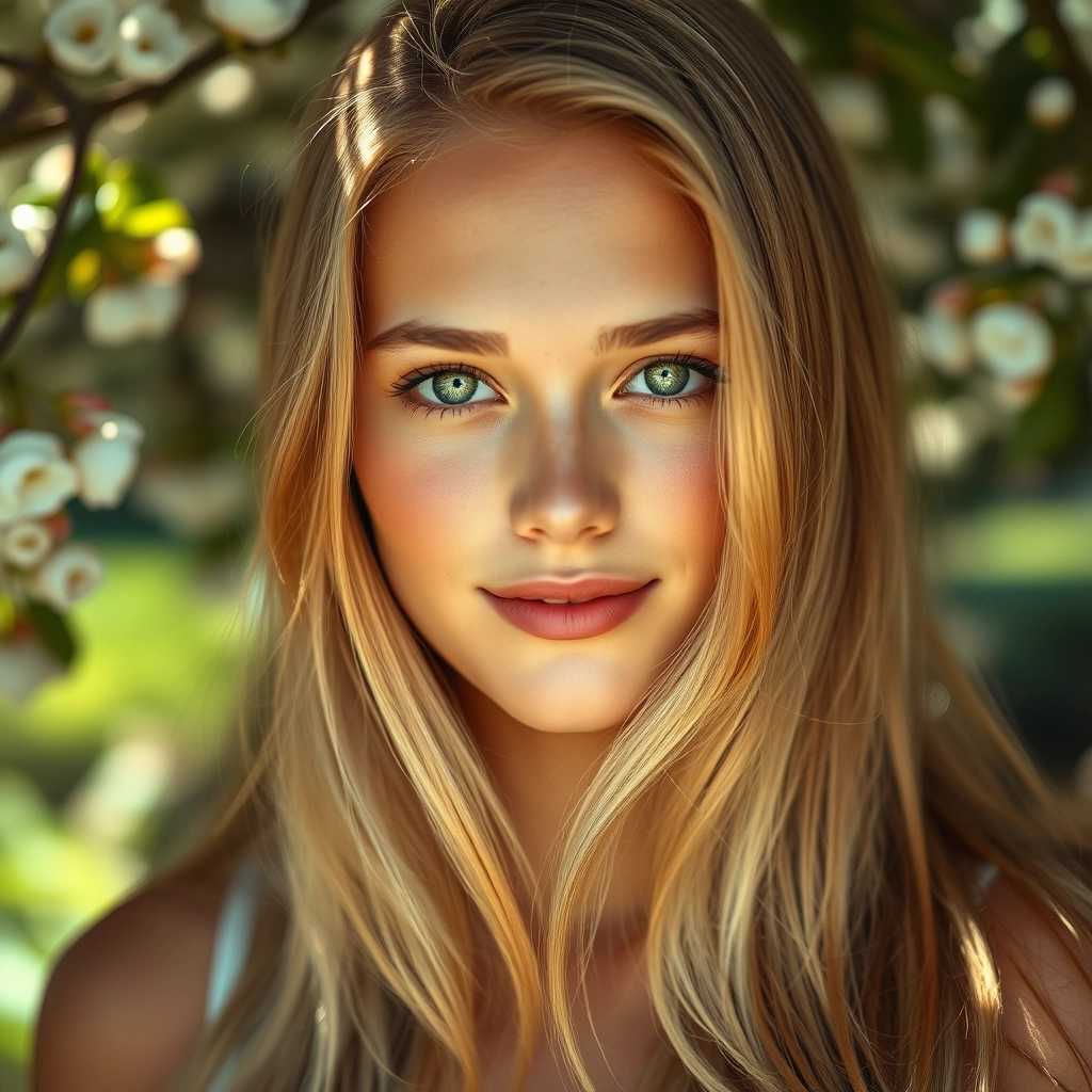 A striking portrait photograph of a beautiful young woman with long, flowing blonde hair that cascades down her shoulders. Her captivating green eyes are the focal point of the image, glimmering with vitality and warmth. The lighting is soft and flattering, casting a gentle glow on her skin, accentuating her delicate features and the subtle blush of her cheeks. She is framed against a softly blurred natural background, perhaps a lush garden or a serene park, adding a touch of tranquility to the composition. The depth of field draws attention to her expressive gaze and subtle smile, creating a mood of confidence and charm. The overall aesthetic is modern yet timeless, with high resolution and rich colors that enhance the beauty of her portrait.