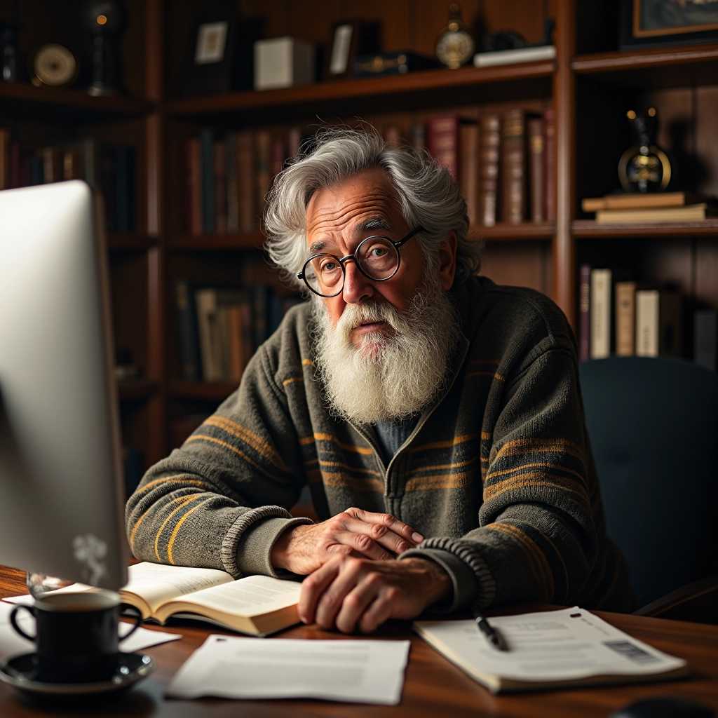 An elderly man with a scruffy white beard and wispy gray hair sits comfortably in a cozy, softly-lit study. He wears thick, round-rimmed glasses and a patterned sweater, leaning slightly forward with an expression of deep concentration. The desk in front of him is cluttered with scattered papers, an open book, and a steaming cup of tea, adding to the warm, inviting atmosphere. The glow from the computer screen softly illuminates his face, highlighting the wrinkles that reflect years of wisdom and experience. Behind him, a bookshelf filled with old leather-bound volumes and personal mementos adds a sense of nostalgia. The room is adorned with rich wood accents and vintage decor, evoking a mood of tranquility and introspection.