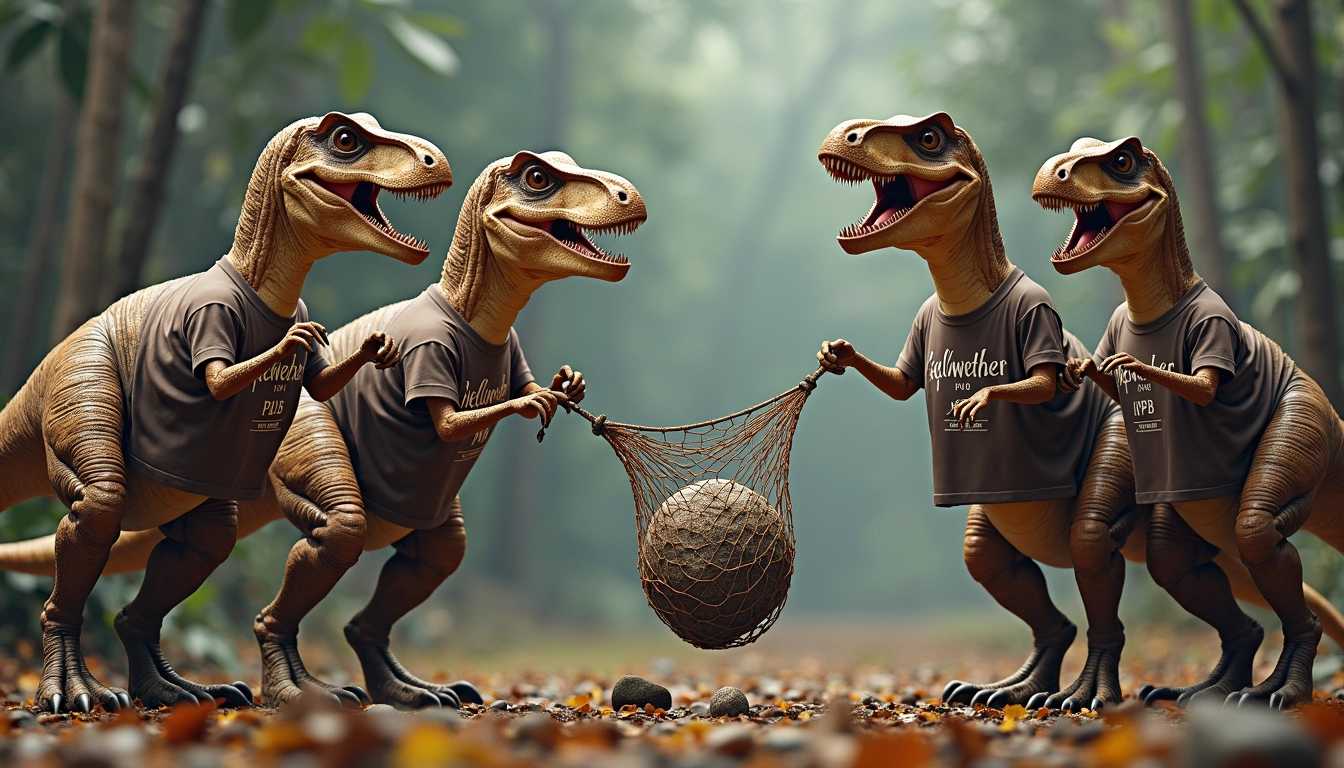 a photo of a group of t-rex dinosaurs standing in a circle. The dinosaurs are all wearing shirts that say "bellwether pub" . the dinosaurs are holding a stretched net between them as they attempt to catch an asteroid
