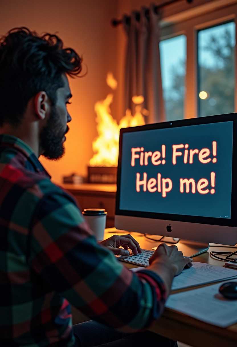 A dramatic point-of-view shot capturing the scene from the perspective of a man sitting at a desk, wearing a vibrant plaid shirt that’s a mix of reds, greens, and blues. The focus is on the computer screen, where frantic text reads: "Fire! Fire! Help me!" in a bold, urgent font. The surrounding environment is dimly lit, with a flickering light that implies an emergency situation; shadows dance on the walls, hinting at some chaotic event outside the frame. The man's hands, in mid-typing position, show tension in the fingers and are slightly blurred to indicate urgency. The desk is cluttered with scattered papers and a half-empty coffee cup, which adds to the chaotic mood. A window in the background reveals the glow of flames or smoke, heightening the sense of danger and immediacy. Overall, the composition conveys anxiety and desperation, drawing the viewer into the man's frightening situation.