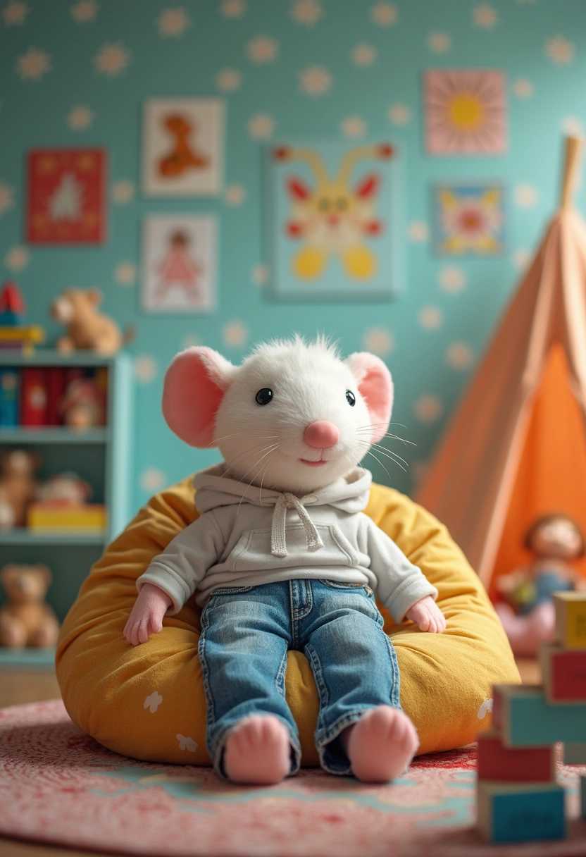 A white anthro rat plushie, wearing a cute little hoodie and jeans, rests on a colorful beanbag in a playful children's room. The plushie is surrounded by various toys, storybooks, and building blocks. The background showcases a brightly decorated room with vibrant wallpaper, cheerful posters, and a play tent. Soft, warm lighting creates a joyful and cozy atmosphere, perfect for imaginative play.