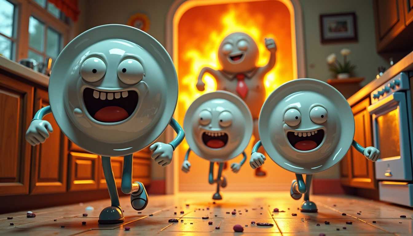 A whimsical scene depicting anthropomorphic dishes in a fantastical kitchen setting. The plates, each with sturdy legs and tiny feet, are energetically sprinting away from a menacing dishwasher in the background, which is ominously looming with a menacing glow. The bowls are given a stocky, muscular appearance, complete with short legs, as they dash alongside the plates. Trailing behind them, forks and knives strut with cartoonish ankles and feet, dripping with beads of sweat to emphasize their frantic escape. The atmosphere is vibrant and chaotic, filled with exaggerated expressions of panic on the faces of the dishes. Rich colors enhance the playful yet tense mood, while the details in the kitchen, such as shining countertops and scattered utensils, create a lively and immersive environment. The overall composition captures the action and urgency of a delightful culinary adventure, leaving behind the notion of food.