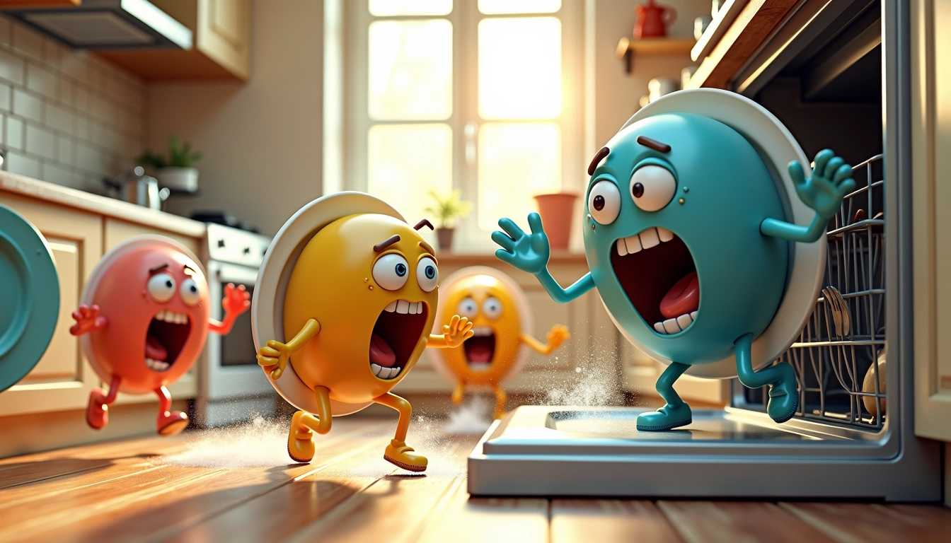 A whimsical scene depicting anthropomorphic dishes and silverware in a frantic escape from a menacing, towering dishwasher. The dishes are characterized by expressive faces filled with fear, their wide eyes and open mouths conveying panic. Each dish, a colorful mix of plates, bowls, and cups, has arms and legs, dashing away in various dynamic poses. The silverware, including forks, spoons, and knives, also exhibits exaggerated facial expressions, with beads of sweat visibly dripping down their metallic surfaces. The background features a cozy kitchen setting, with soft, warm lighting that contrasts the tense mood. The tiles are slightly reflective, enhancing the playful action, while a few water droplets and soap bubbles float in the air, adding to the urgency of their escape. The overall composition conveys a lighthearted, comedic atmosphere, with dynamic movement and vibrant colors bringing the scene to life.