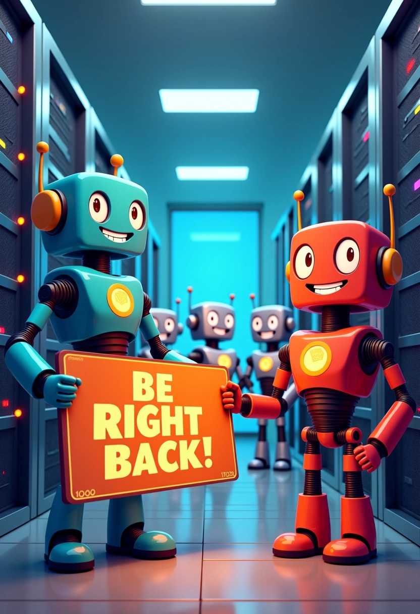 A vibrant and whimsical scene featuring a team of cartoon robots in a modern server room, filled with colorful blinking lights and intricate machinery. The robots showcase a variety of designs, each with unique personalities, such as a cheerful blue robot with oversized eyes, a sleek silver one with antennae, and a sturdy red robot inspecting server cables. In the foreground, one robot with a friendly grin is holding a whimsical sign that reads, "Be Right Back!" in fun, bold letters. The atmosphere is busy yet joyful, with a sense of camaraderie among the robots as they diligently work together. Soft, warm lighting casts playful shadows, enhancing the cartoonish feel, while a futuristic digital interface glows in the background, adding to the high-tech ambiance.