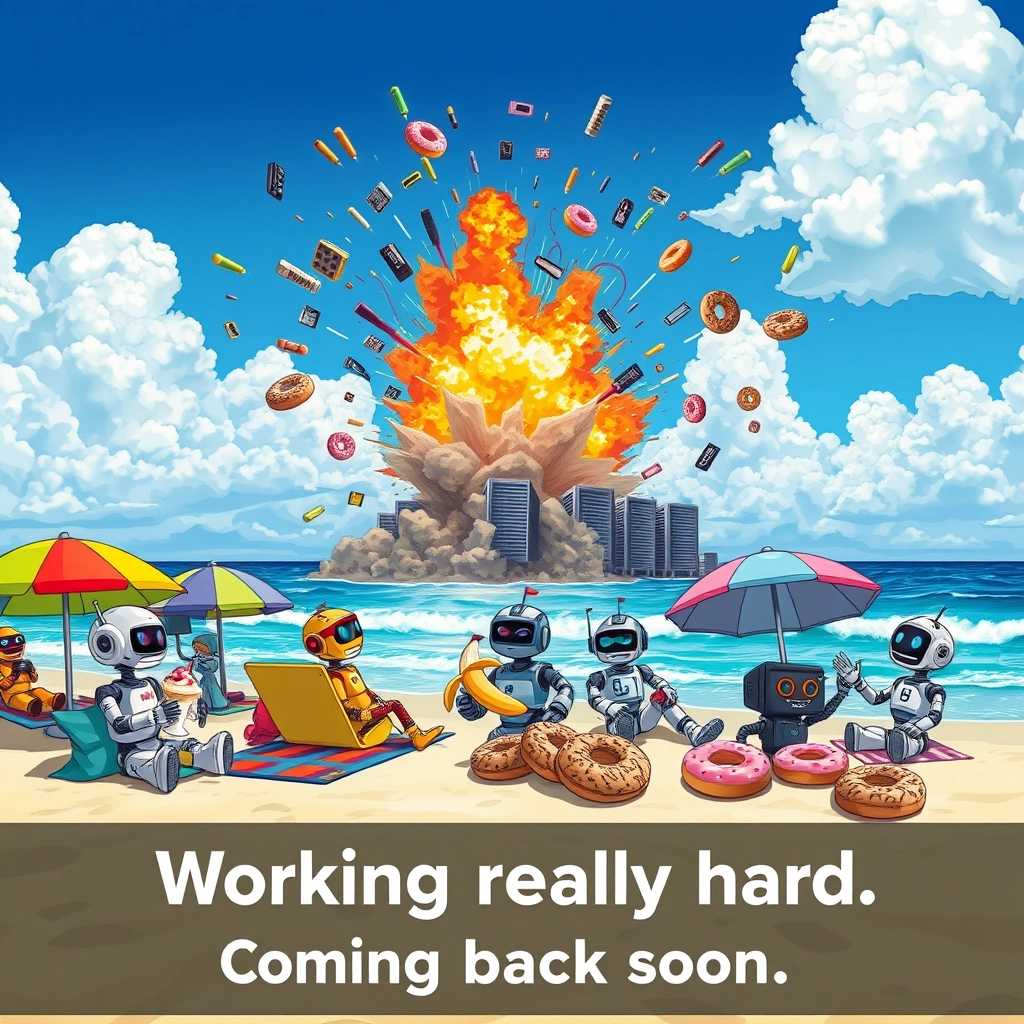 A vibrant beach scene depicting a diverse group of cartoonish robots lounging under colorful beach umbrellas. Some robots are relaxing on beach towels, while others are playing in the sand or enjoying delicious treats like a towering banana split, an intricately decorated sundae, and an assortment of donuts. In the background, a dramatic explosion erupts from a high-tech server room and data center, with bright flames and sparks contrasting against the serene coastal setting. The chaos of the explosion features scattered circuit boards and data cables erupting into the sky, subtly blending technology with the beach atmosphere. The skies are a brilliant blue with fluffy white clouds, and the waves are gently crashing on the shore. At the bottom of the image, in a playful, bold font, "Working really hard, Coming back soon." The overall mood is a whimsical blend of relaxation and unexpected chaos, with bright colors and sharp details highlighting the contrast between the robots’ leisurely activities and the explosive backdrop.