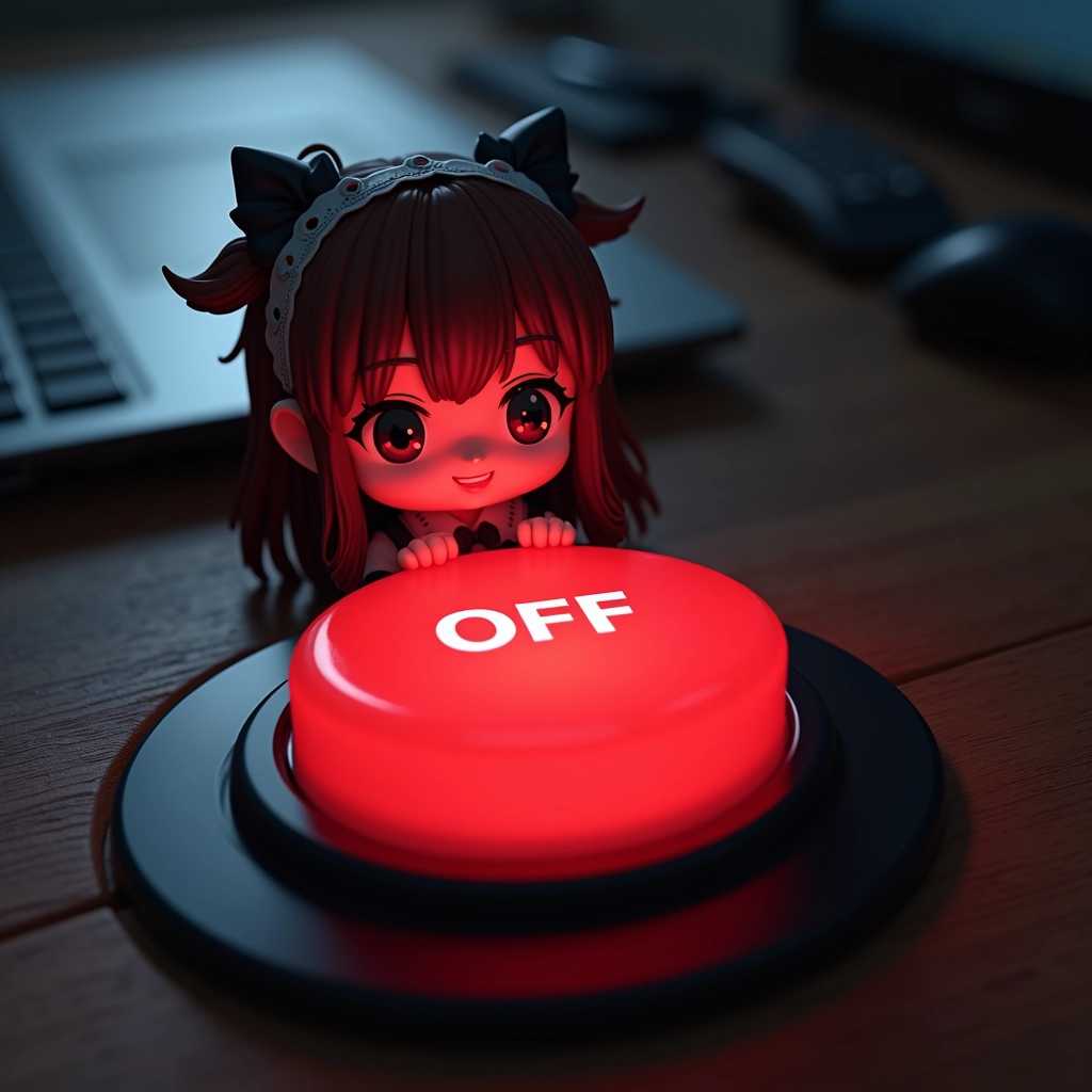 extreme close up of big red button with chibi maid peeking over the edge of the table, dark office, red glow, button says "OFF"