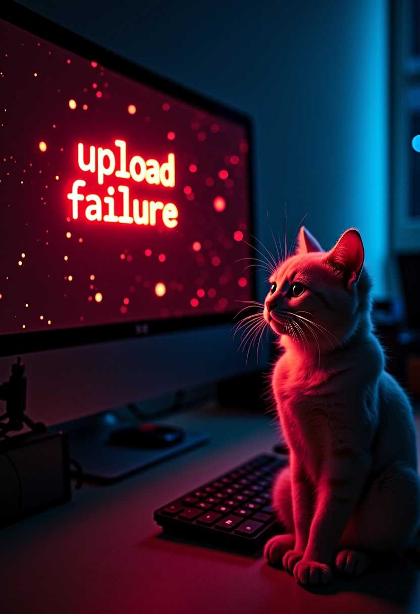 A dimly lit room illuminated only by a glowing computer screen displaying the text "upload failure" in bold, red letters. The screen's eerie light casts shadows on the walls, enhancing the tension of the scene. Tiny, shimmering particle lights drift through the air, creating a magical yet somber atmosphere. In the foreground, a small, fluffy cat sits intently, its fur slightly ruffled, gaze fixed on the screen. The cat's expression is serious, with its brows furrowed as if contemplating the implications of the message. Its body language is tense, with a hint of anger evident in its narrowed eyes and slightly puffed-up fur. The overall mood is a mix of frustration and intrigue, as the contrast between the glowing screen and the dark surroundings adds to the drama of the moment.