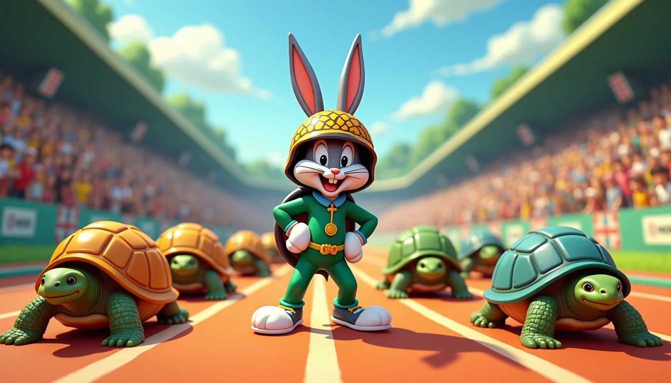 A whimsical scene featuring Bugs Bunny, the iconic cartoon character, donning a vibrant tortoise shell as a racing helmet and adorned with playful racing attire. He stands confidently at the starting line of a colorful cartoonish racetrack, exuding his characteristic cheekiness and charisma. In the foreground, several real tortoises, each uniquely patterned with textured shells, prepare for the race, their determined expressions contrasting with Bugs' mischievous grin. The background is filled with a lively audience of animated animals cheering, with a sunny sky above and lush greenery surrounding the track, creating a vibrant and energetic atmosphere. The composition captures the playful spirit of competition, framed with vivid colors and exaggerated features typical of classic animation styles.