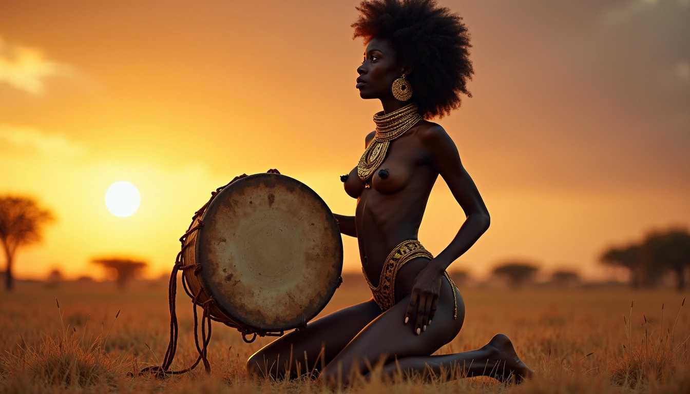 naked voluptuous skinny kneeling african tribe woman with spread legs playing a large leopard skin drum on the savanna, large gold earrings, broad choker, golden ropes squeezing her huge gigantic breasts, large nipple piercings, scorching sun