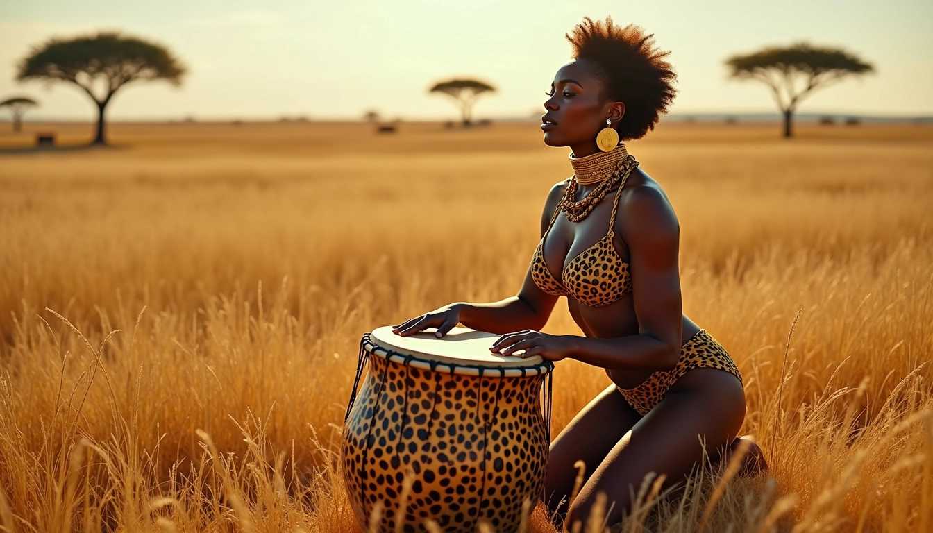 Create a powerful and evocative scene set on the vibrant African savanna under a blazing sun. The focal point of the image is a naked voluptuous yet slender African woman in the nude with enormous breasts, kneeling gracefully on the golden grass. She is adorned with large, striking gold earrings that catch the sunlight and a broad choker that accentuates her neck. Golden ropes are wrapped around her huge boobs, squeezing her large breasts, which feature prominent nipple piercings, adding an element of boldness to her presence. Positioned before her is a large leopard skin drum, intricately designed with patterns that reflect the rich cultural heritage, as she plays it rhythmically, her movements embodying a sense of power and grace. Her skin glistens under the scorching sun, adding to the sultry atmosphere of the scene. In the background, the savanna stretches endlessly, with sparse acacia trees dotting the landscape and a hint of distant wildlife, enhancing the feeling of authenticity and connection to nature. The mood is vibrant and celebratory, capturing the spirit of African culture and the strength of its women.
