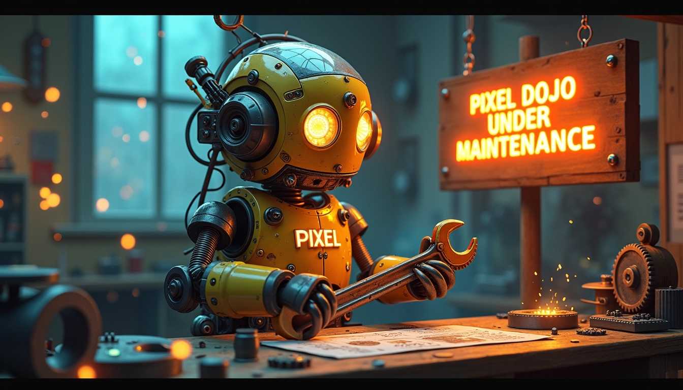 Robotic Mechanic at Pixel Dojo A Glowing Maintenance Scene
