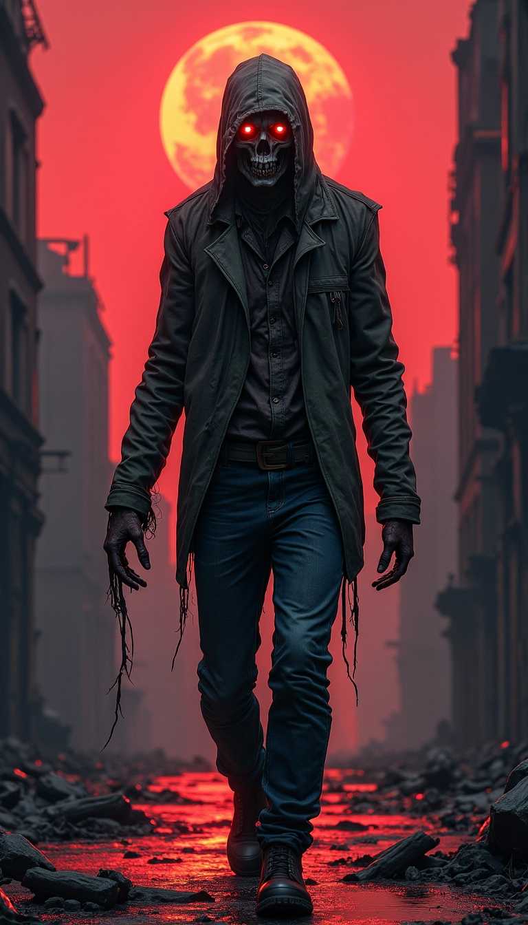  weathered zombie with rotting flesh and ragged clothing wanders through a ruined cityscape, its glowing eyes scanning the dark, deserted streets under a blood-red sky