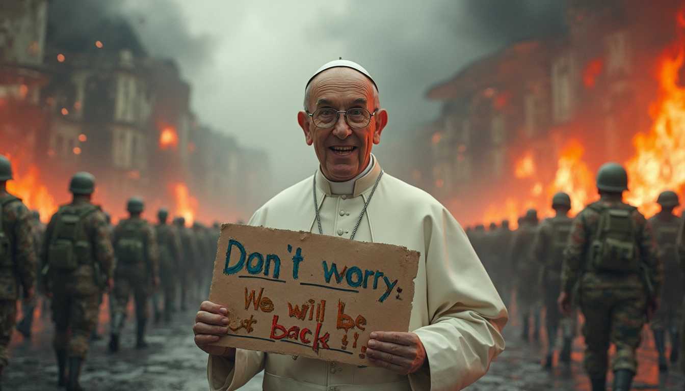 cinematic, Create a highly detailed 2.5D realistic photo of a sarcastic Pope Francis, featuring a playful twist to his character. He stands center-frame, wearing his traditional papal attire complete with the white cassock and zucchetto. In one hand, he holds a colorful sign that reads, "Don't worry, we will be back," in bold, quirky letters that contrast with the serious theme of the scene. His facial expression is sassy and witty, with raised eyebrows and a slight smirk, directly engaging the viewer with a challenging gaze.  Russian soldiers in the background

The background presents a chaotic, apocalyptic scene depicting the end of the world – swirling storm clouds, fiery lava flows, and crumbling buildings. The contrast between the light-hearted Pope and the disastrous backdrop creates a surreal yet humorous vibe. The color palette should include vibrant colors for the foreground to highlight Pope Francis and more muted, darker tones for the destruction behind him. 

Incorporate elements like lightning strikes and shadowy figures in the background to enhance the drama. The overall composition should maintain an exaggerated 2.5D perspective, making the characters pop out while the chaotic elements recede, creating depth and visual interest. The mood is a juxtaposition of humor against catastrophe, emphasizing the Pope's sarcasm in the face
