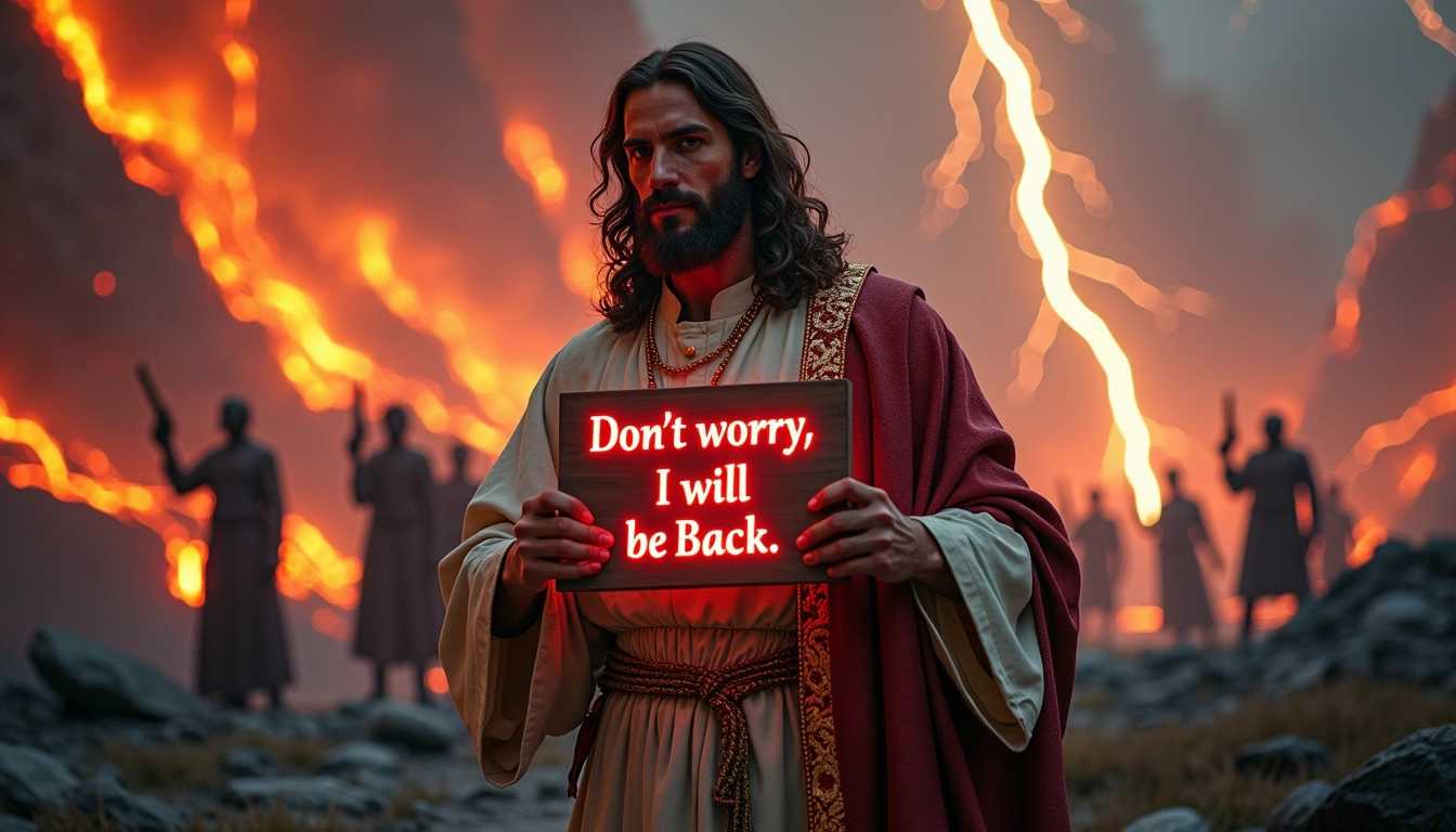 A striking apocalyptic scene featuring a whimsical yet charismatic Jesus as the central figure, confidently standing amidst chaos. He wears a richly detailed cassock adorned with intricate, delicate embroidery that gleams and shimmers during sporadic flashes of lightning, creating a beautiful contrast against the dark, ashen landscape. In the background, fierce magma streams snake through the terrain, their vivid shades of glowing reds and oranges clashing with the desolation of the grays surrounding them, vividly depicting the textures of molten rock. 

Jesus holds a colorful sign that reads "Don't worry, I Will be Back," the text playfully highlighted by the soft light that emanates from his figure, subtly illuminating him while softening the harshness of the chaotic environment. Shadows cast by the lightning flicker across his playful expression, enhancing his lively demeanor in stark contrast to the severity of the scene.

Adding to the tension, blurred silhouettes of figures holding guns can be seen in the background. Their indistinct forms maintain the focus on Jesus, suggesting movement rather than clarity, enhancing the whimsical yet dramatic effect of the scene. 

The overall mood blends humor and seriousness, drawing viewers into this captivating juxtaposition of hope and lightheartedness. The high-definition render employs a rich color palette that emphasizes the stark contrast between light